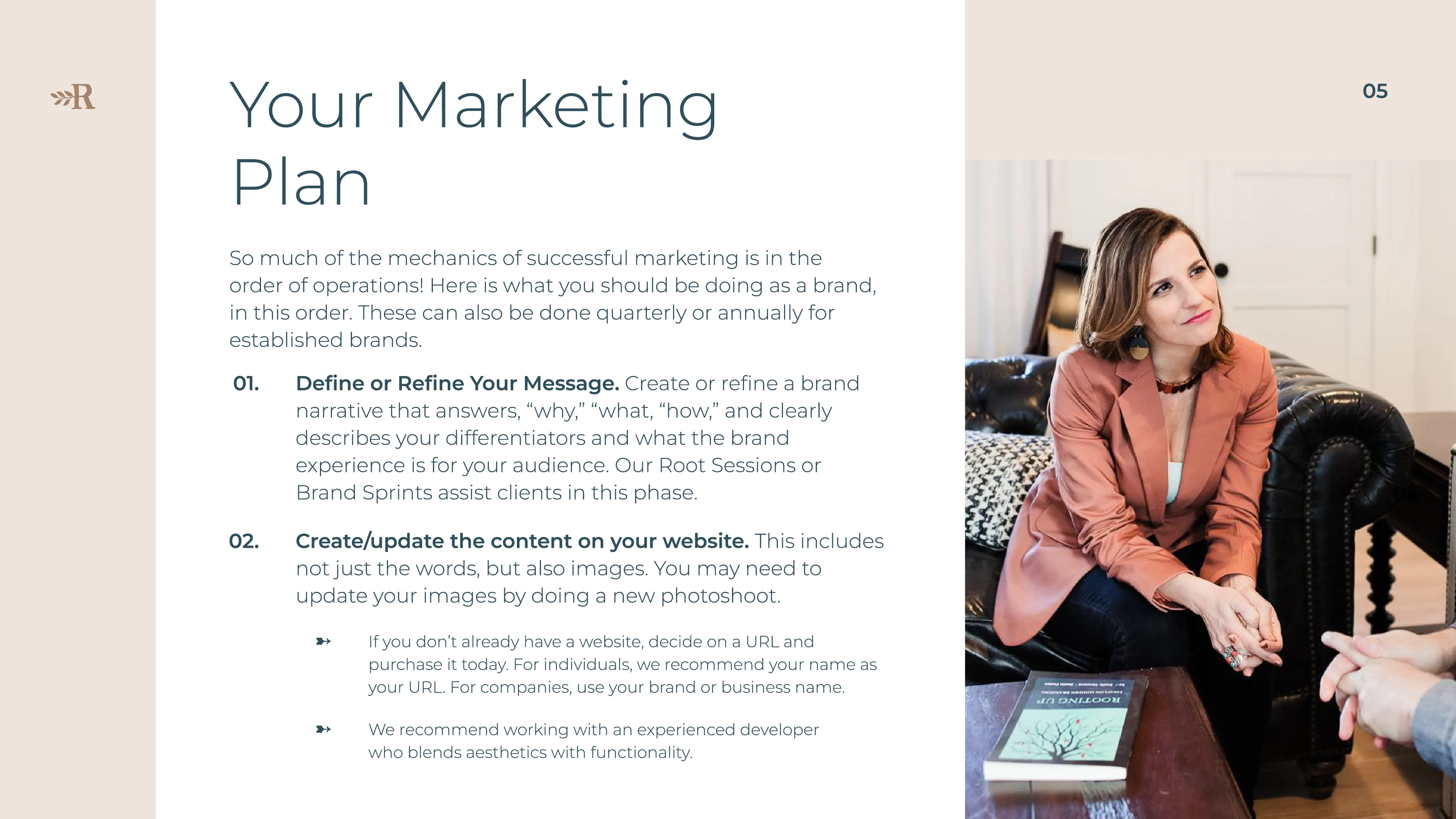 A Brand Therapy slide headed "Your Marketing Plan", beside a photograph of a woman in an armchair.