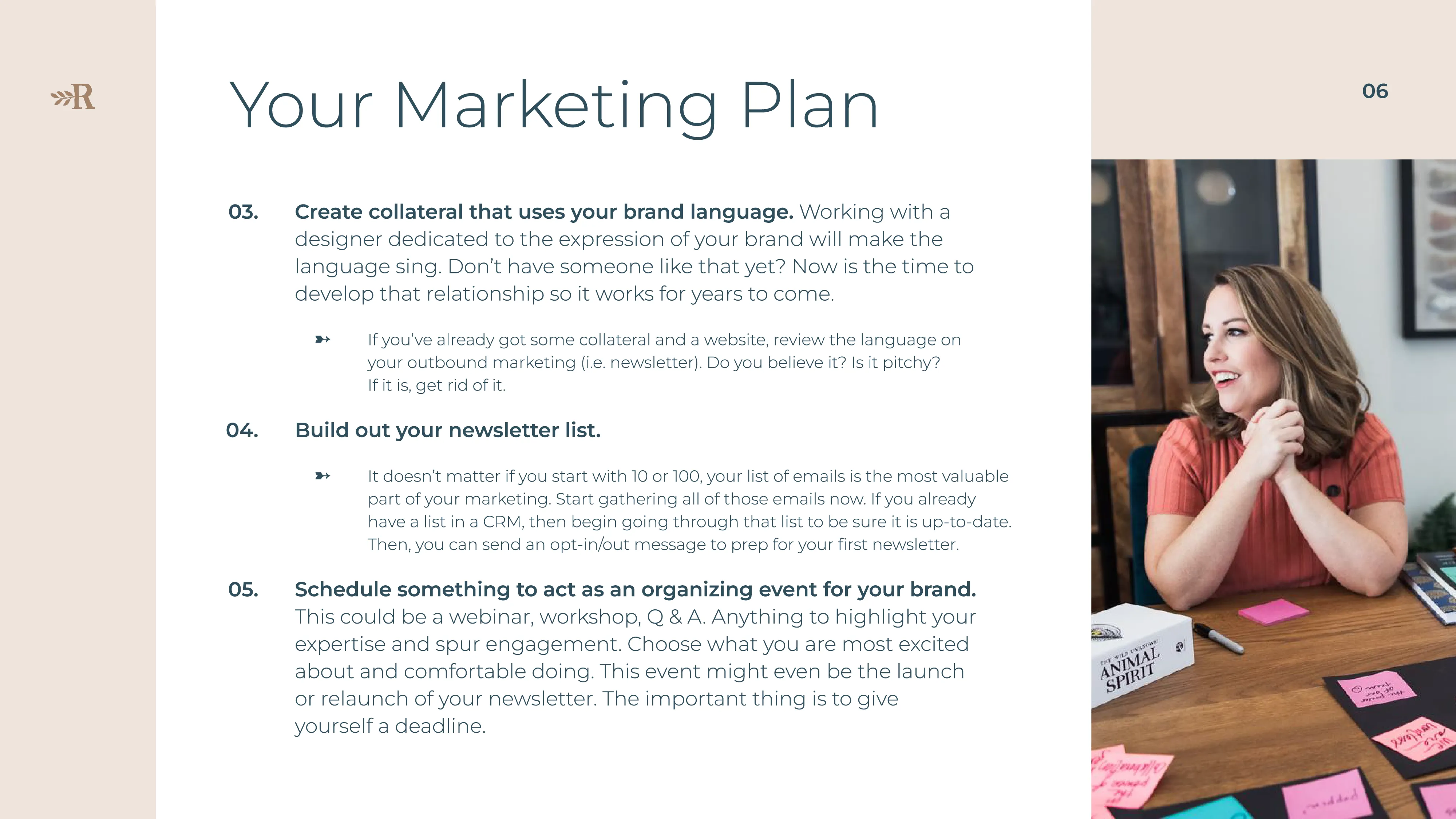 A second "Your Marketing Plan" slide listing numbered recommendations for the client.