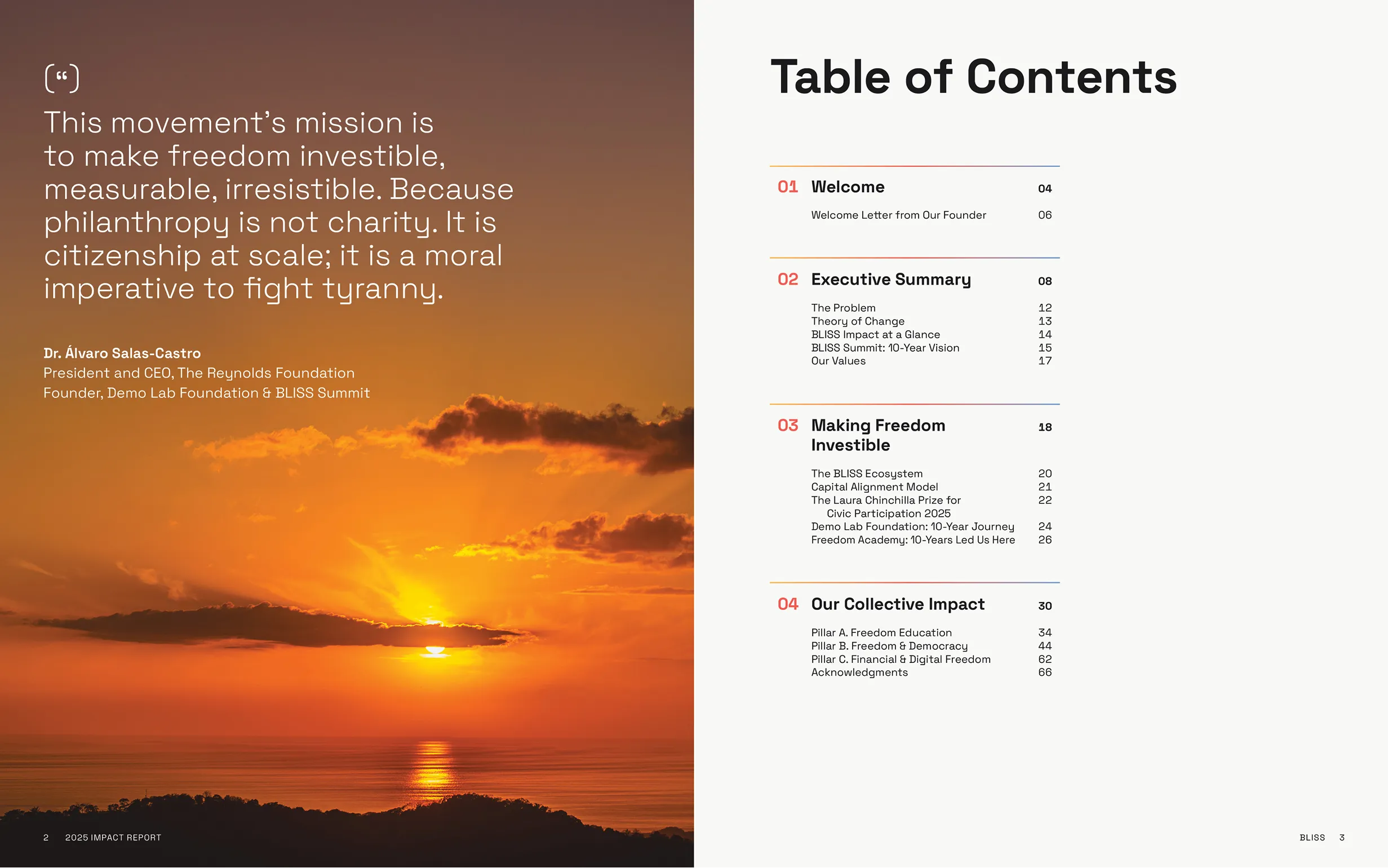 A values spread presenting Gratitude, Togetherness and Action with supporting photographs.