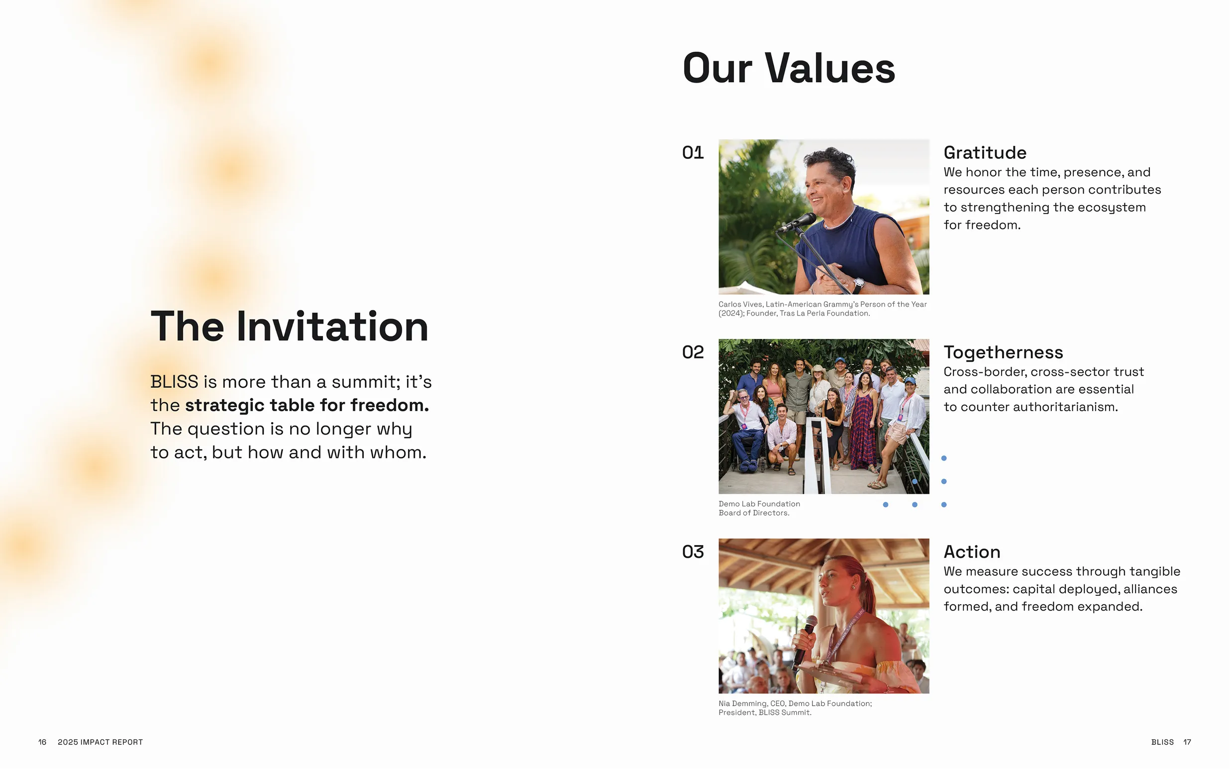 A BLISS Summit invitation page alongside the values Gratitude, Togetherness and Action.