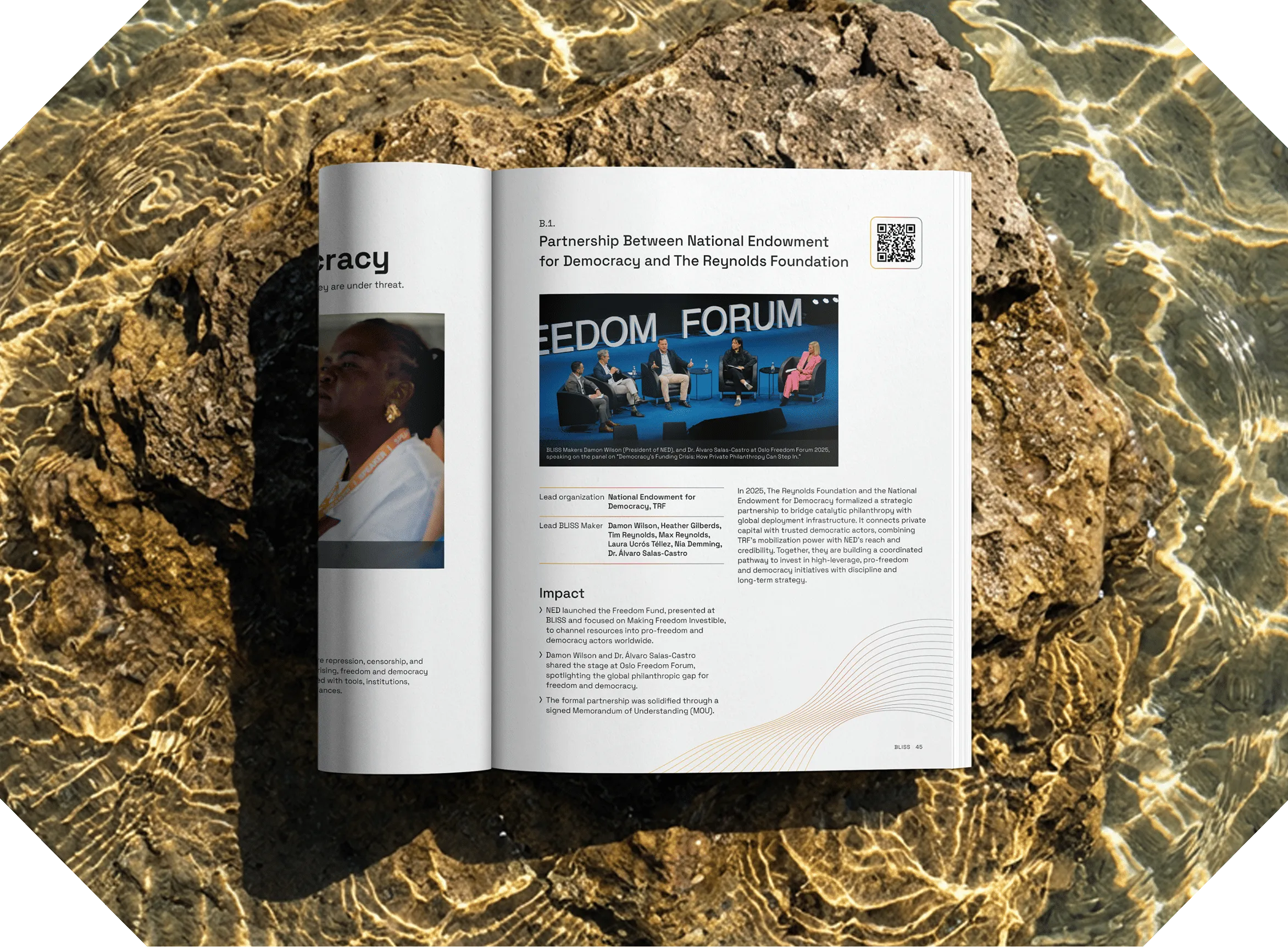 An open report on a rock in clear water, showing a panel discussion spread.