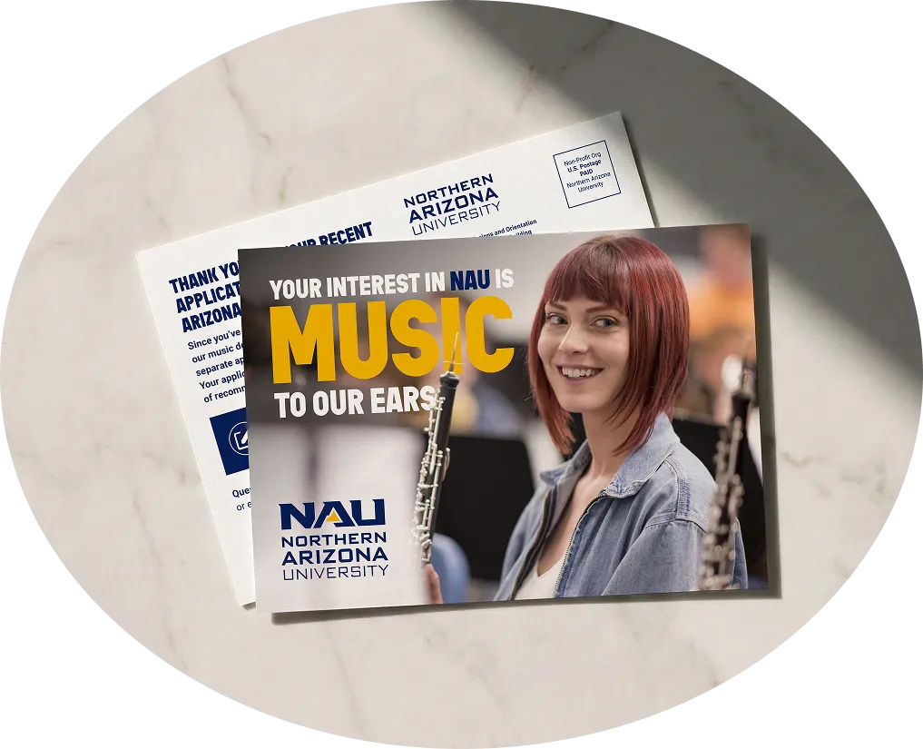 Northern Arizona University postcards reading "Your interest in NAU is music to our ears".