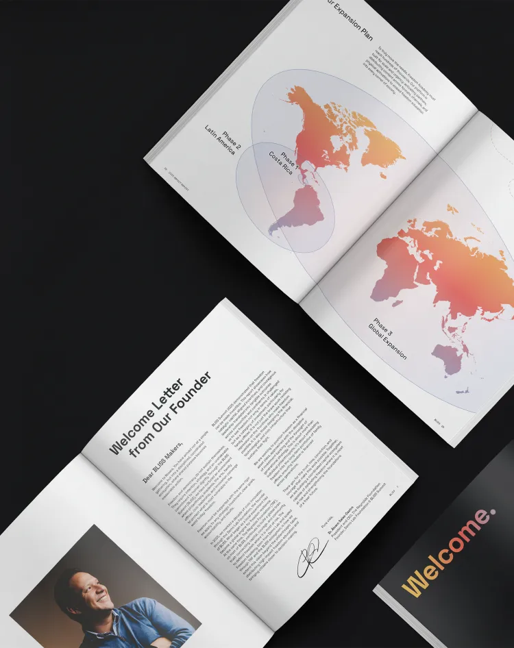 Report spreads showing a welcome letter from the founder beside an orange world map.