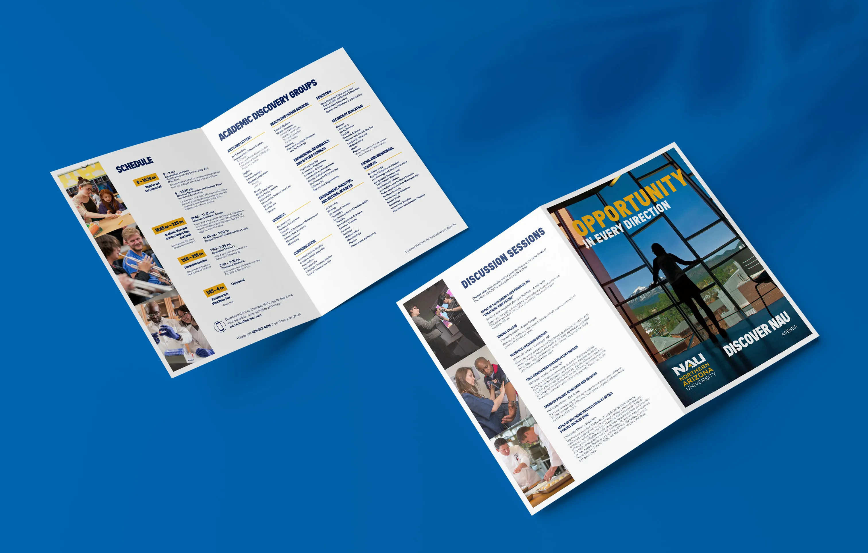 NAU Discover brochures on blue, headed "Opportunity in every direction".