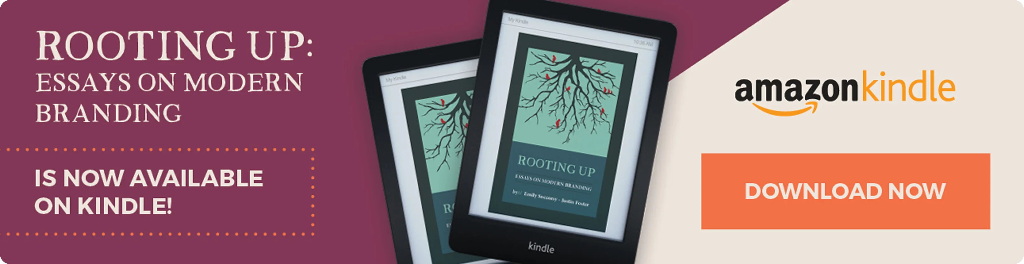 A banner announcing that "Rooting Up: Essays on Modern Branding" is available on Kindle.