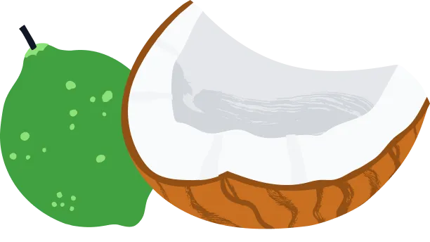 An illustration of a lime beside a halved coconut.