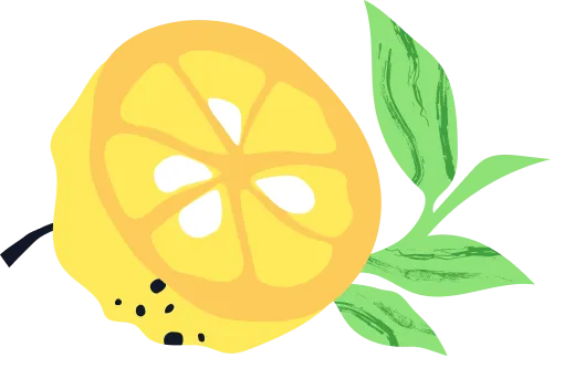 An illustration of a lemon with leaves and scattered seeds.