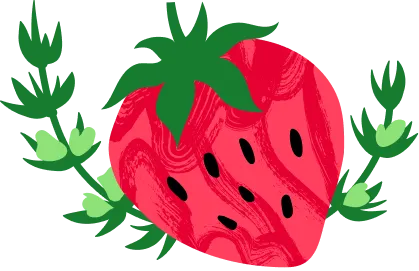 An illustration of a strawberry with green leaves.