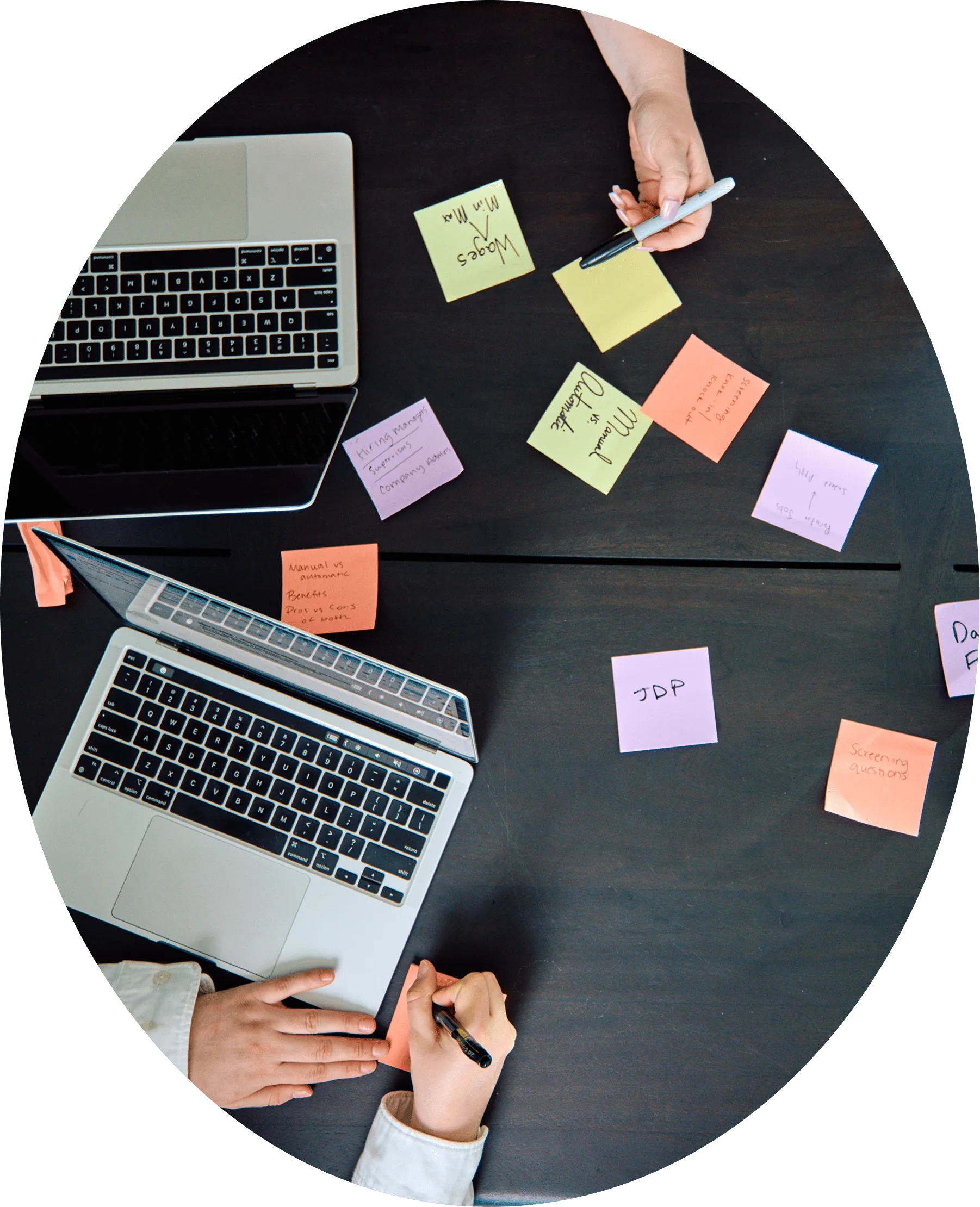 A desk covered in coloured sticky notes around two laptops during a workshop.