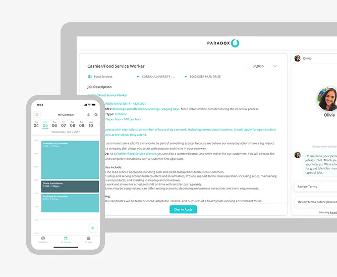 A Paradox interface mockup shown on desktop and mobile, displaying a candidate screening dashboard.
