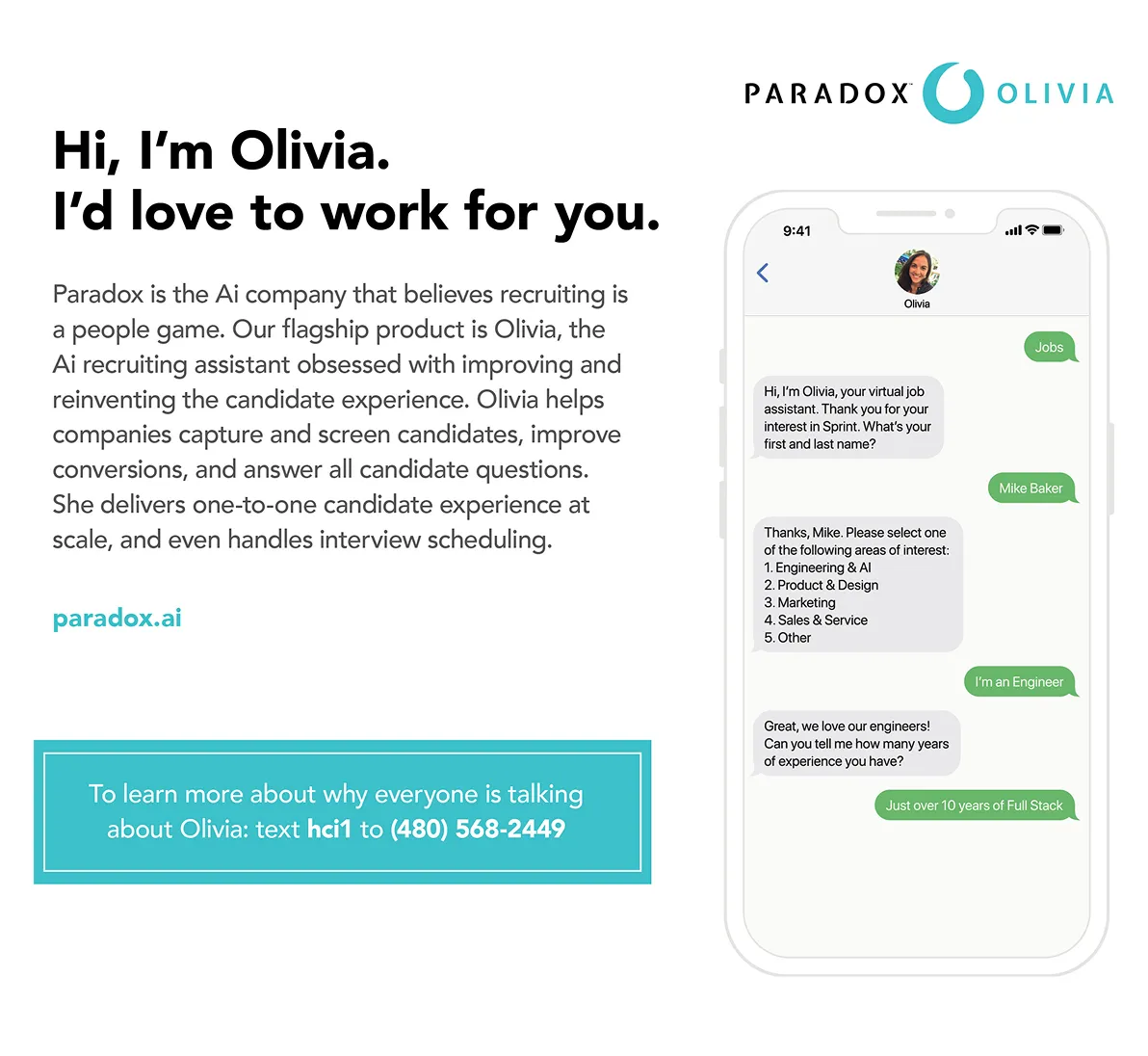 A Paradox Olivia landing page reading "Hi, I'm Olivia. I'd love to work for you."