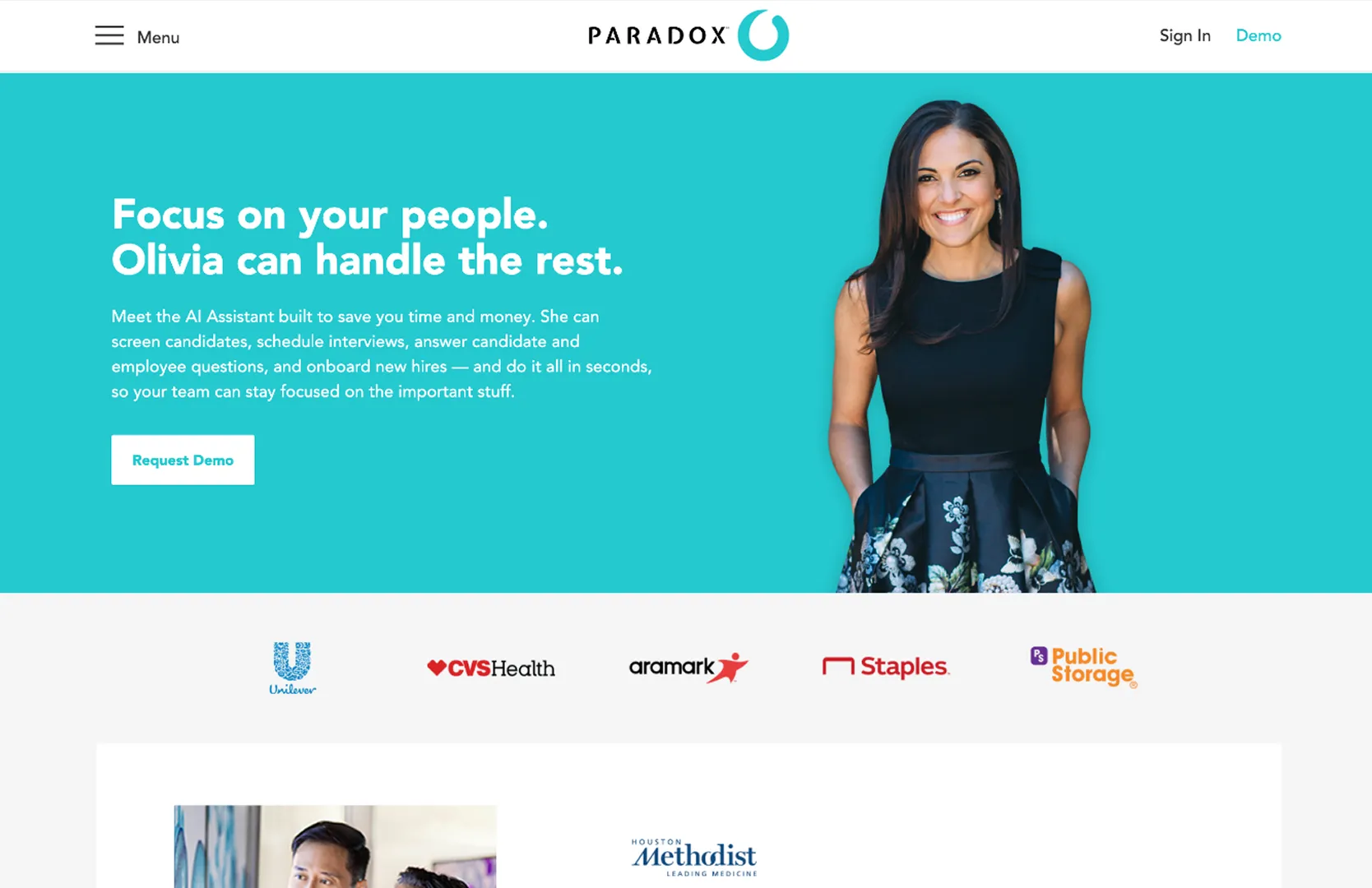 A Paradox page headlined "Focus on your people. Olivia can handle the rest."