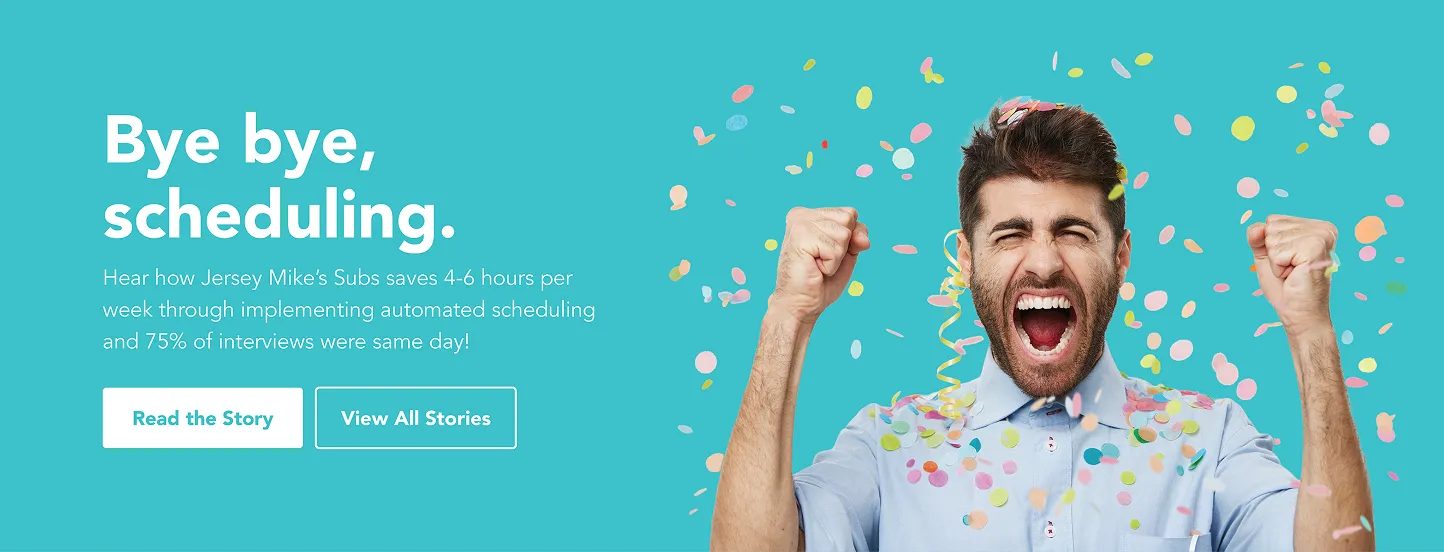 A teal Paradox banner reading "Bye bye, scheduling." beside a photograph of a cheering man.