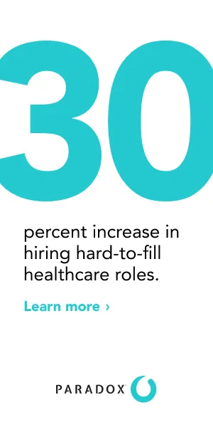 A Paradox advert with a large teal thirty, on hard-to-fill healthcare roles.