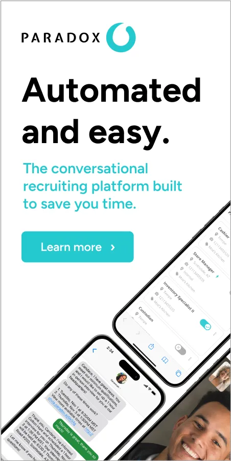 A Paradox advert reading "Automated and easy." above a mobile recruiting screen.