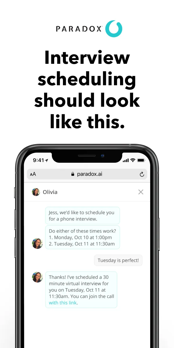 A Paradox advert reading "Interview scheduling should look like this."