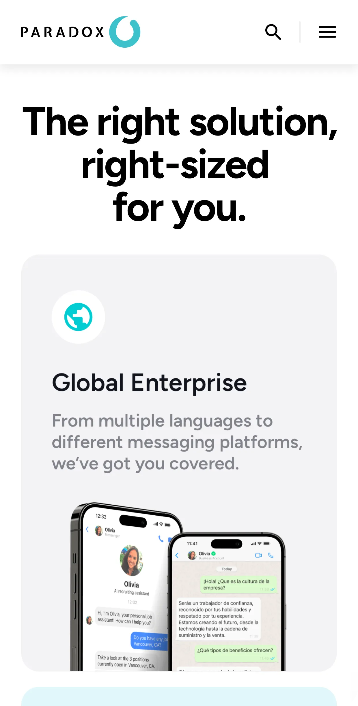 A mobile Paradox page headed "The right solution, right-sized for you."