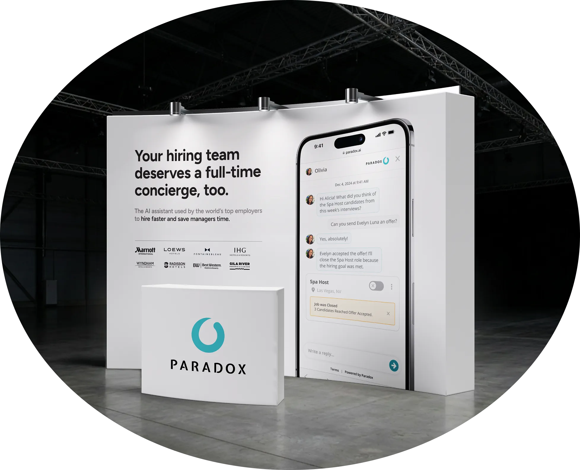 A Paradox exhibition stand with panels reading "Your hiring team deserves a full-time concierge, too."