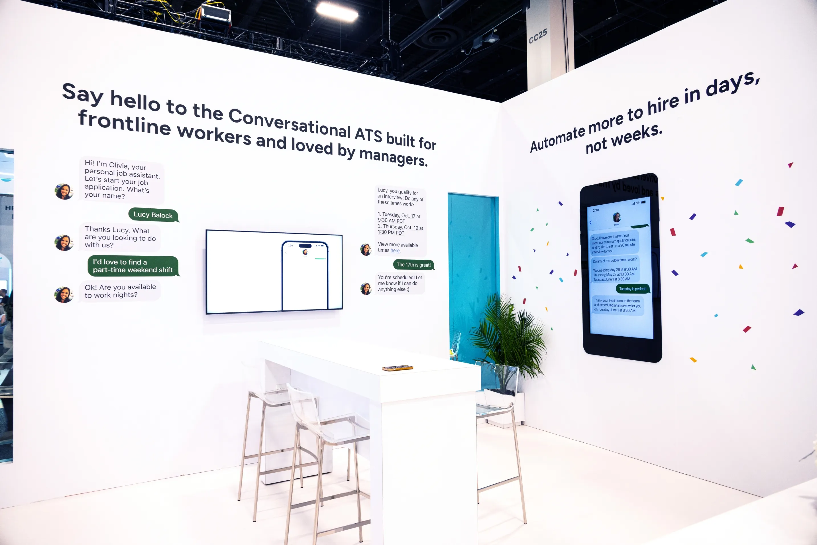 A Paradox booth wall reading "Say hello to the conversational ATS built for frontline workers."