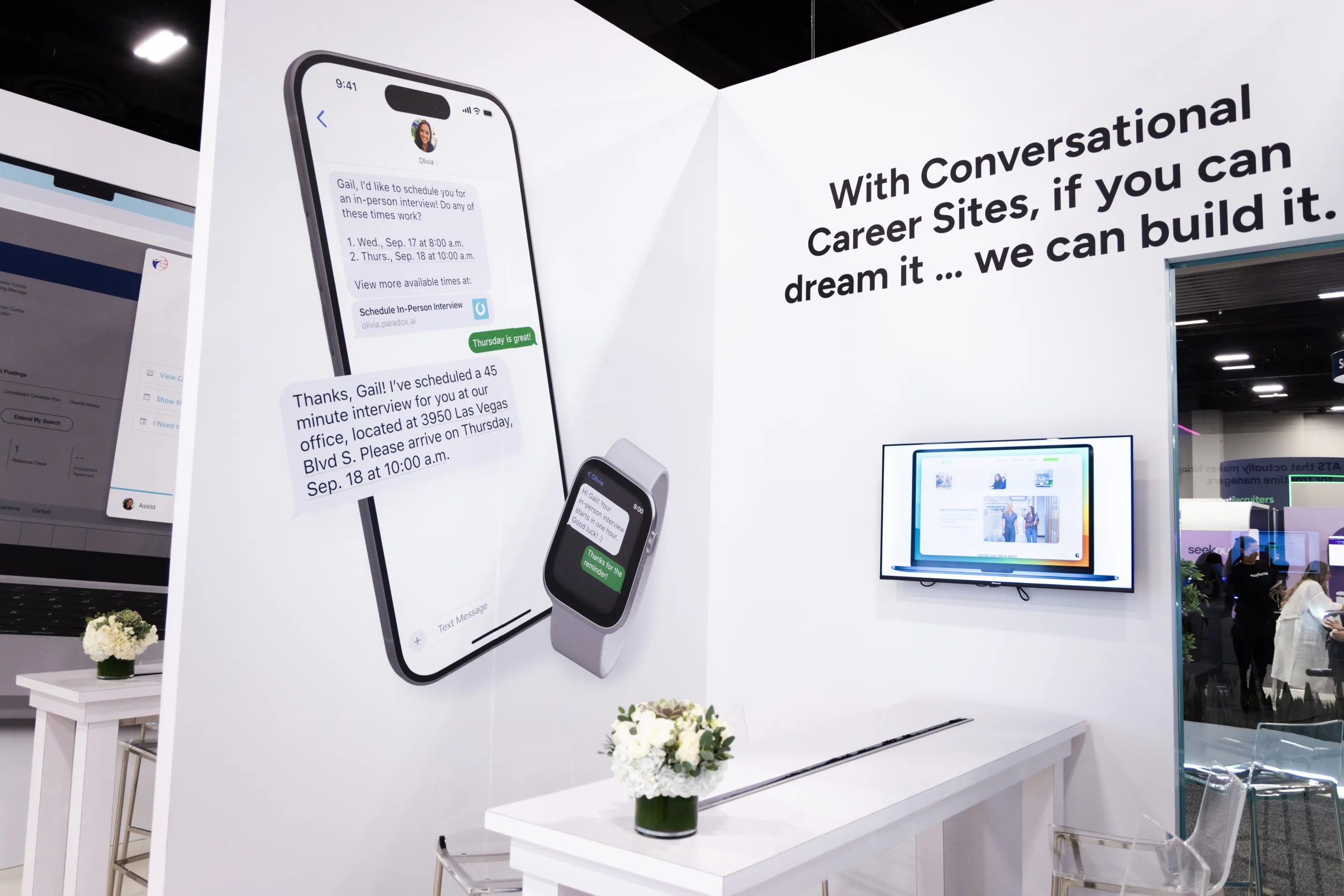 A Paradox demo station with a phone display and a Conversational Career Sites panel.