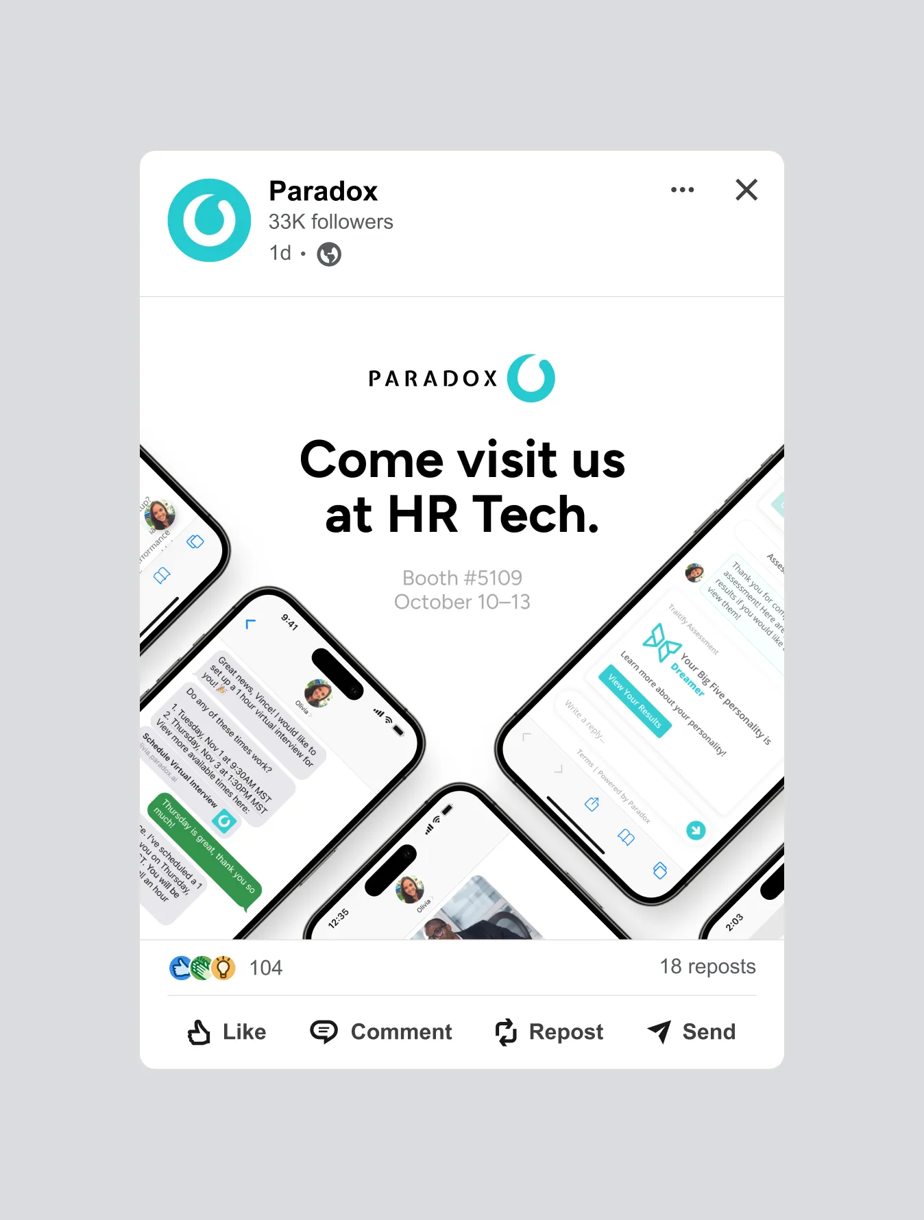 A promoted Paradox social post reading "Come visit us at HR Tech." with event details.