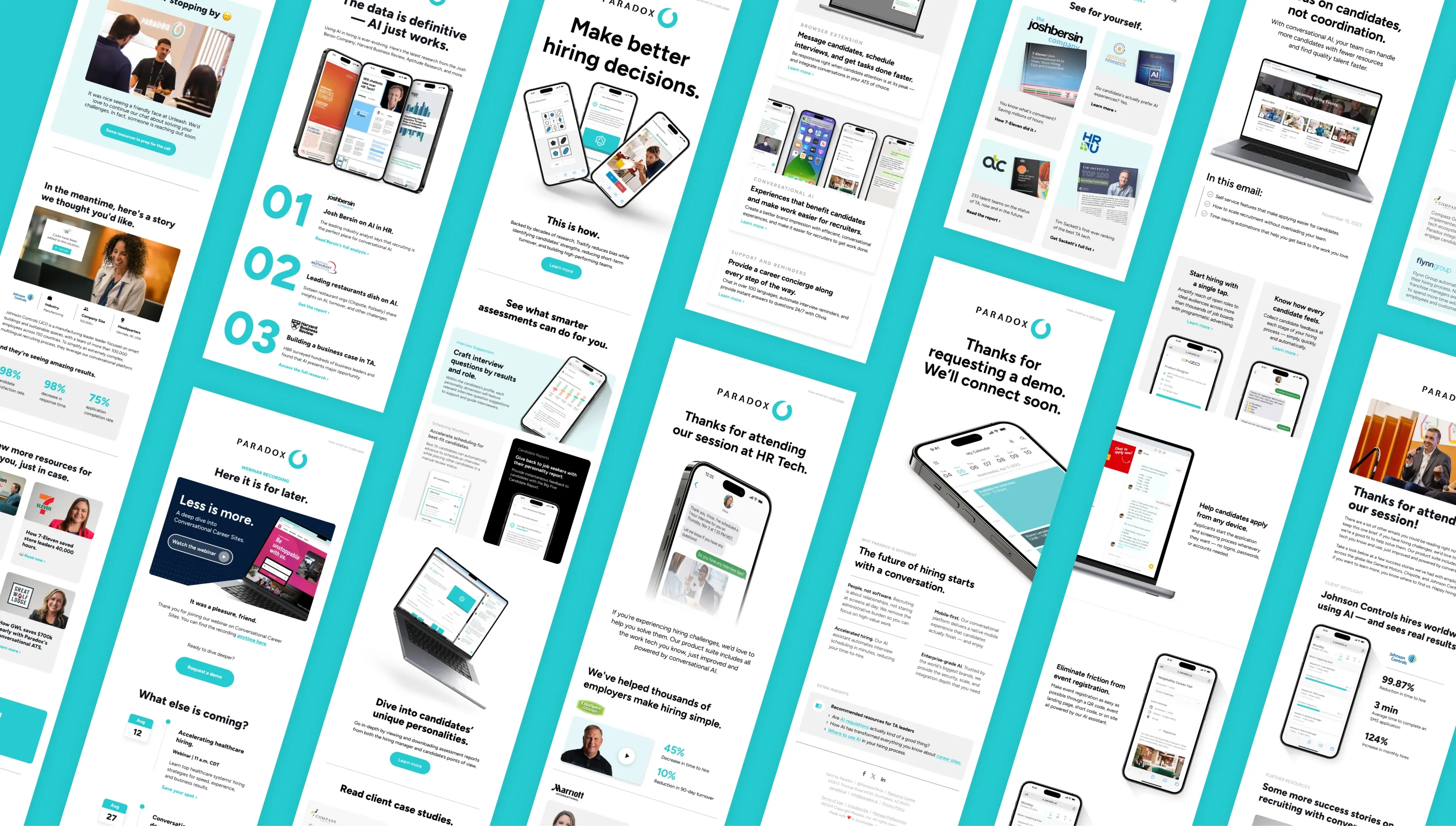 A grid of Paradox social post designs arranged in angled teal columns.