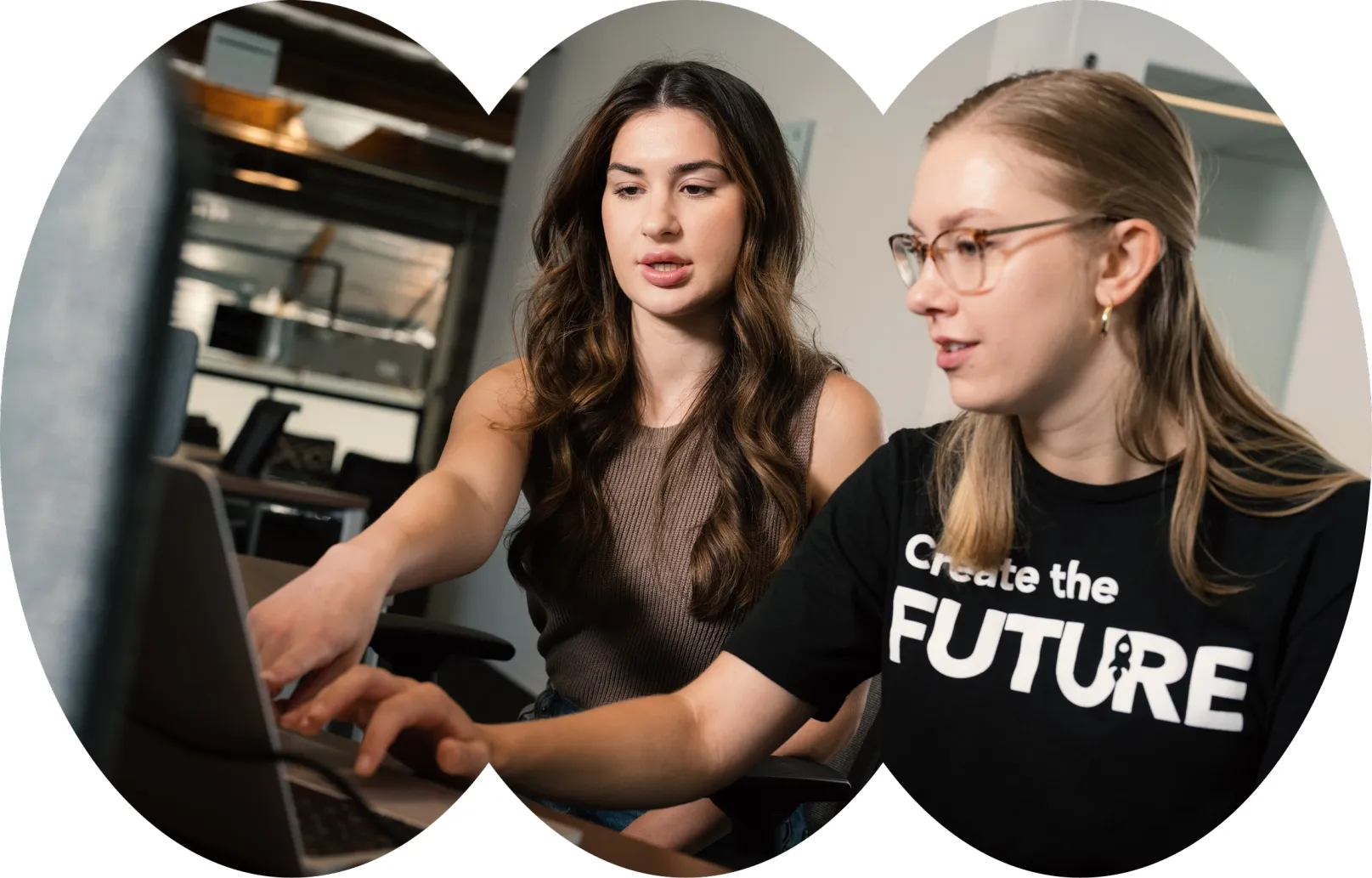 Two colleagues in Paradox t-shirts working together at a screen, shown in oval crops.