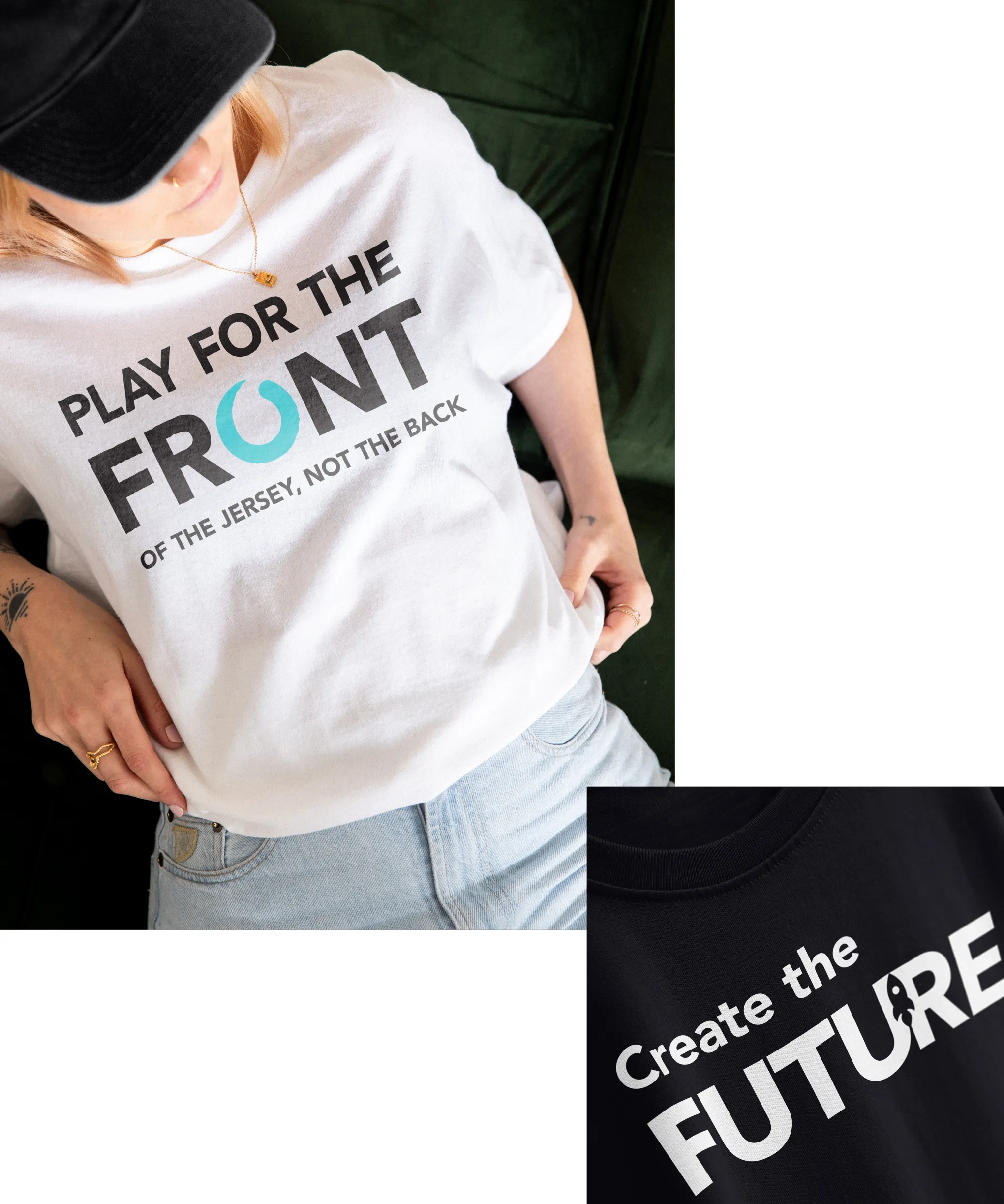 A white Paradox t-shirt reading "Play for the front of the jersey" beside a Create the Future tee.