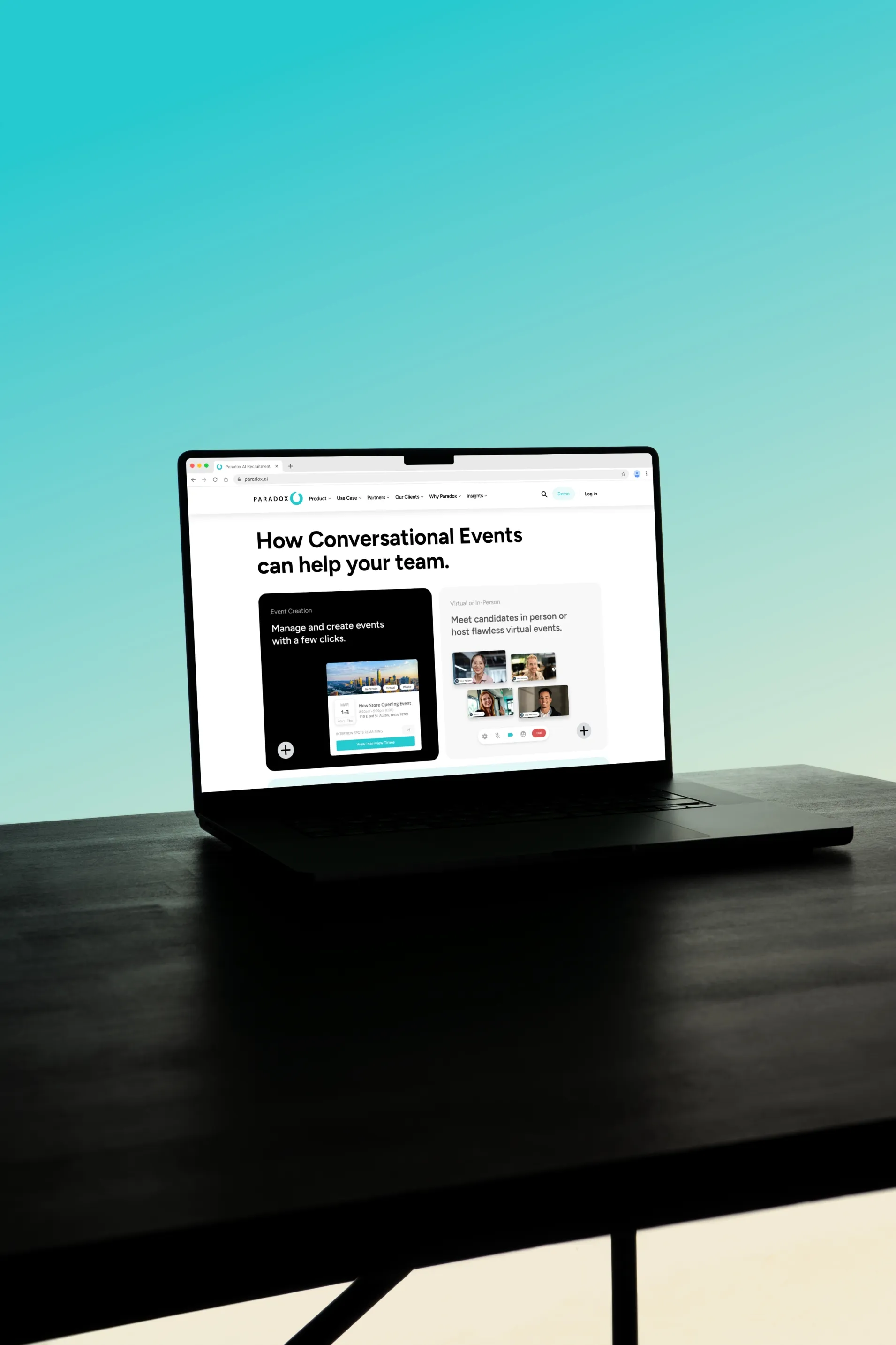 A laptop on a dark desk against a teal gradient, displaying a Paradox conversational events page.