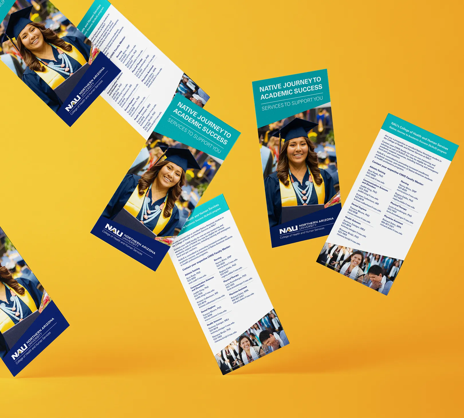 NAU "Native Journey to Academic Success" rack cards arranged on yellow.