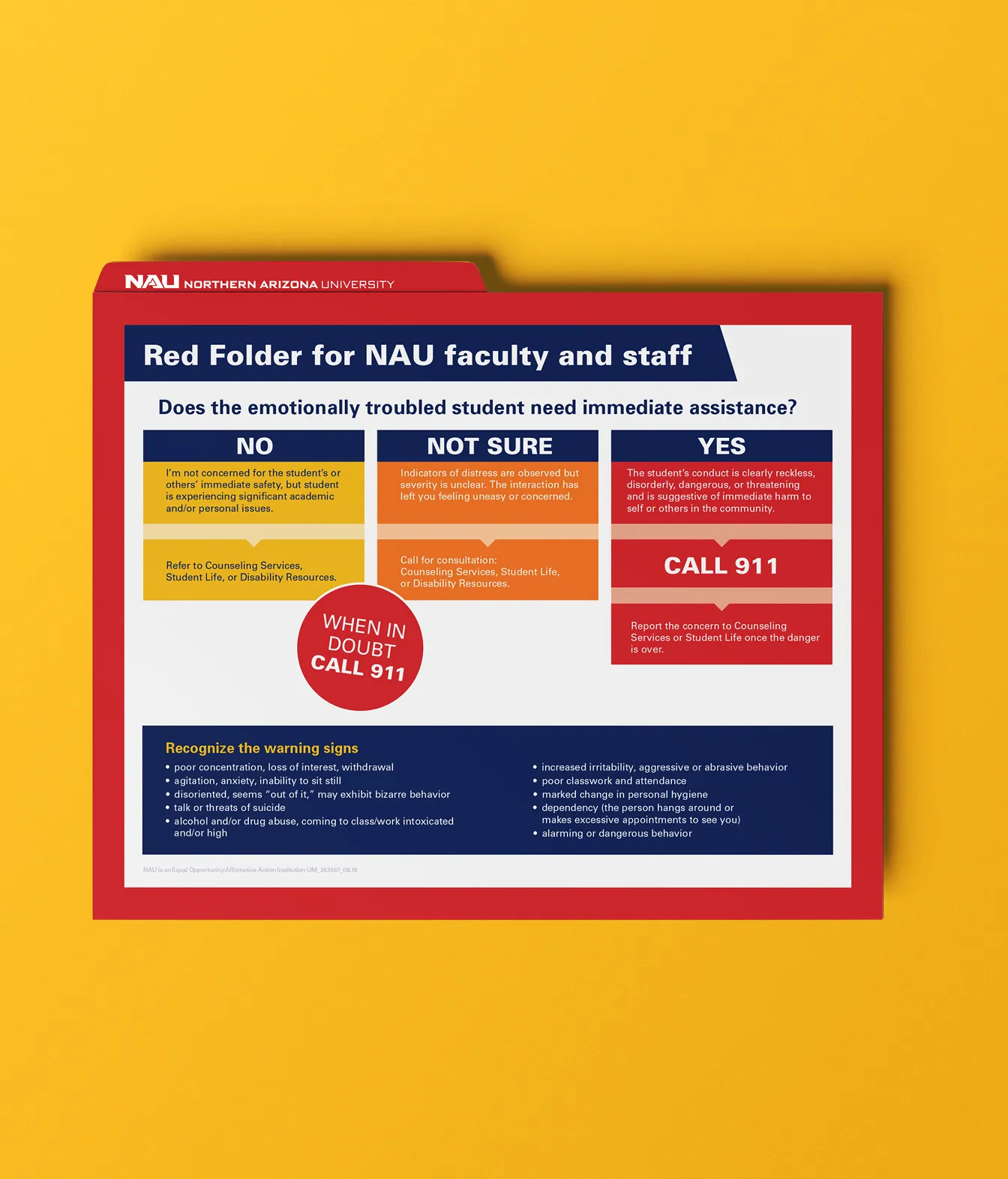 The NAU Red Folder faculty guide, setting out response steps and warning signs.