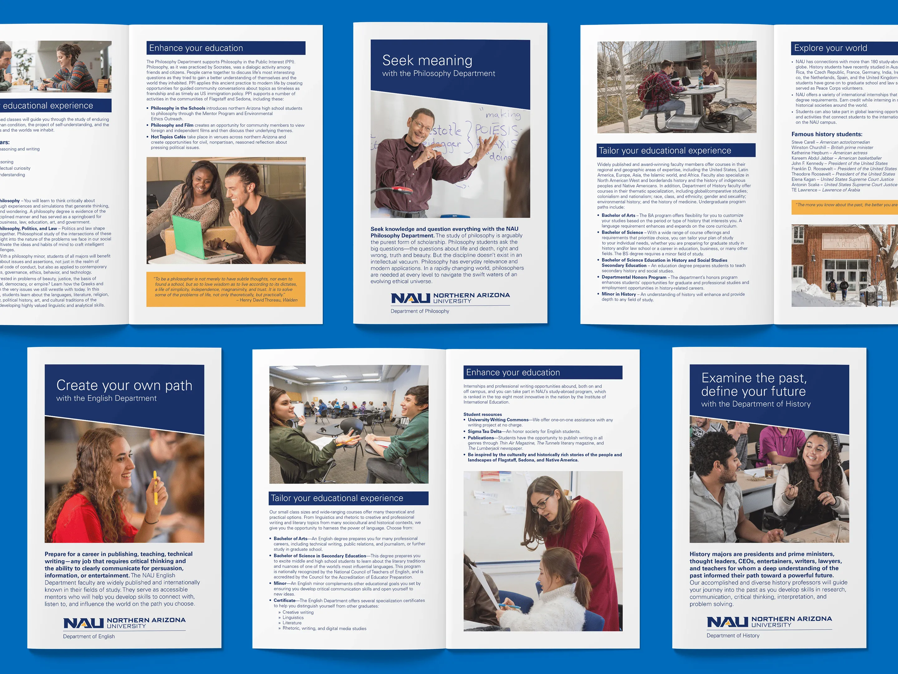NAU music programme flyers featuring a smiling student holding an instrument.