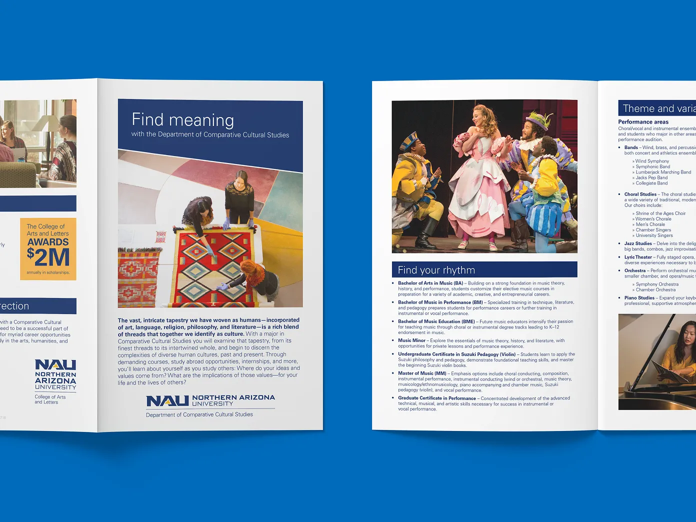 An NAU College of Arts and Letters brochure spread headed "Find meaning".