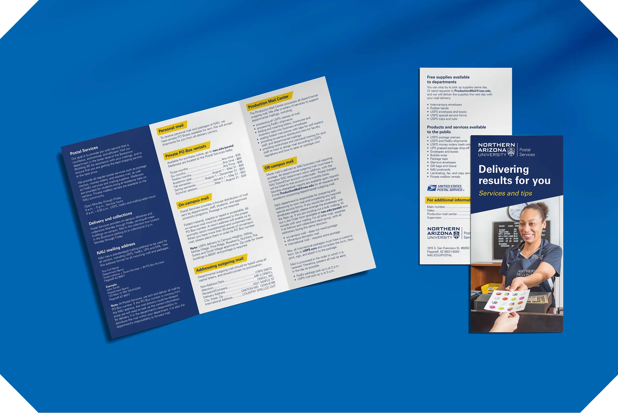 NAU brochures on blue, one cover reading "Delivering results for you".