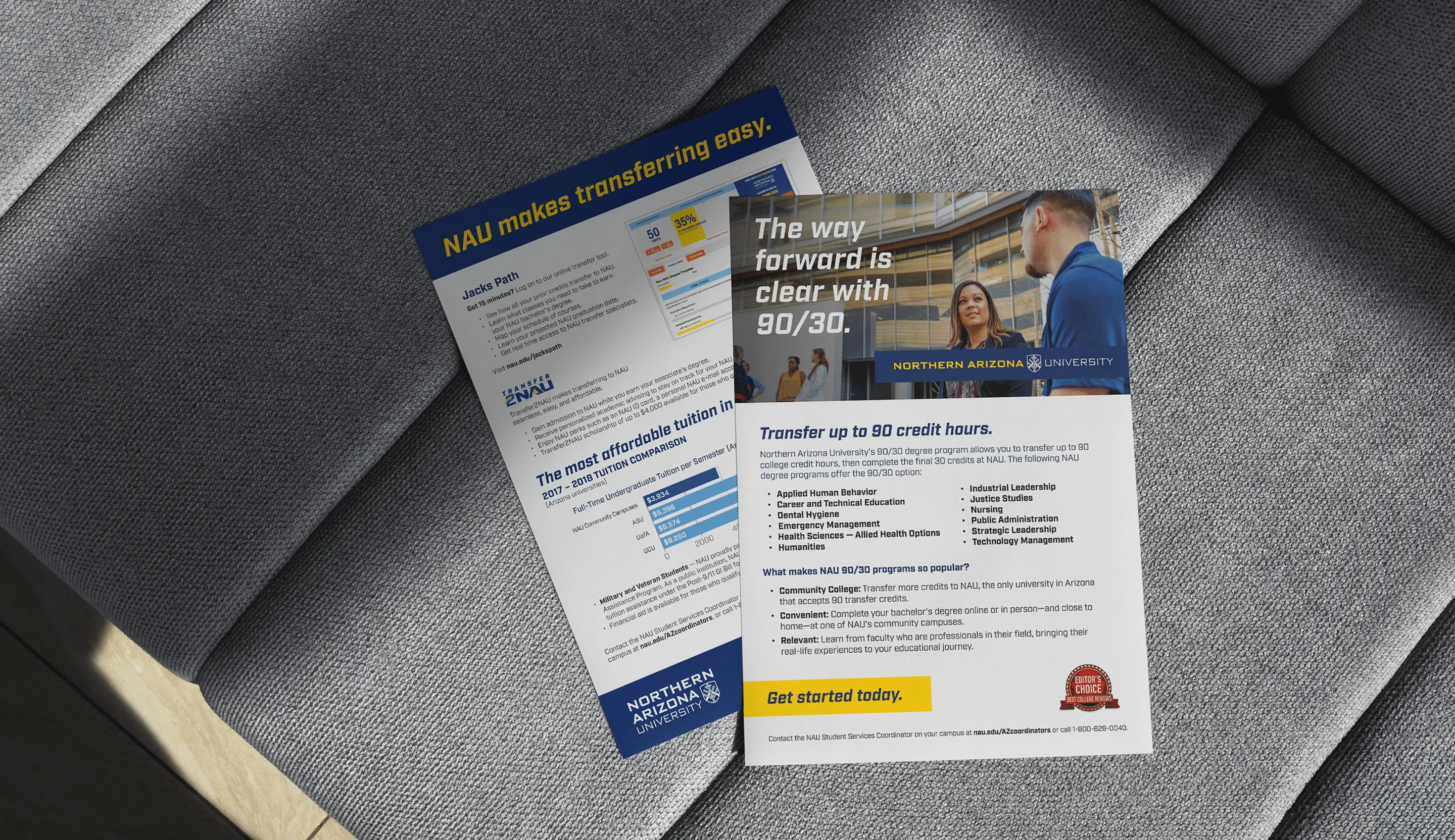 Two Northern Arizona University flyers promoting transfer credit program and affordable tuition.
