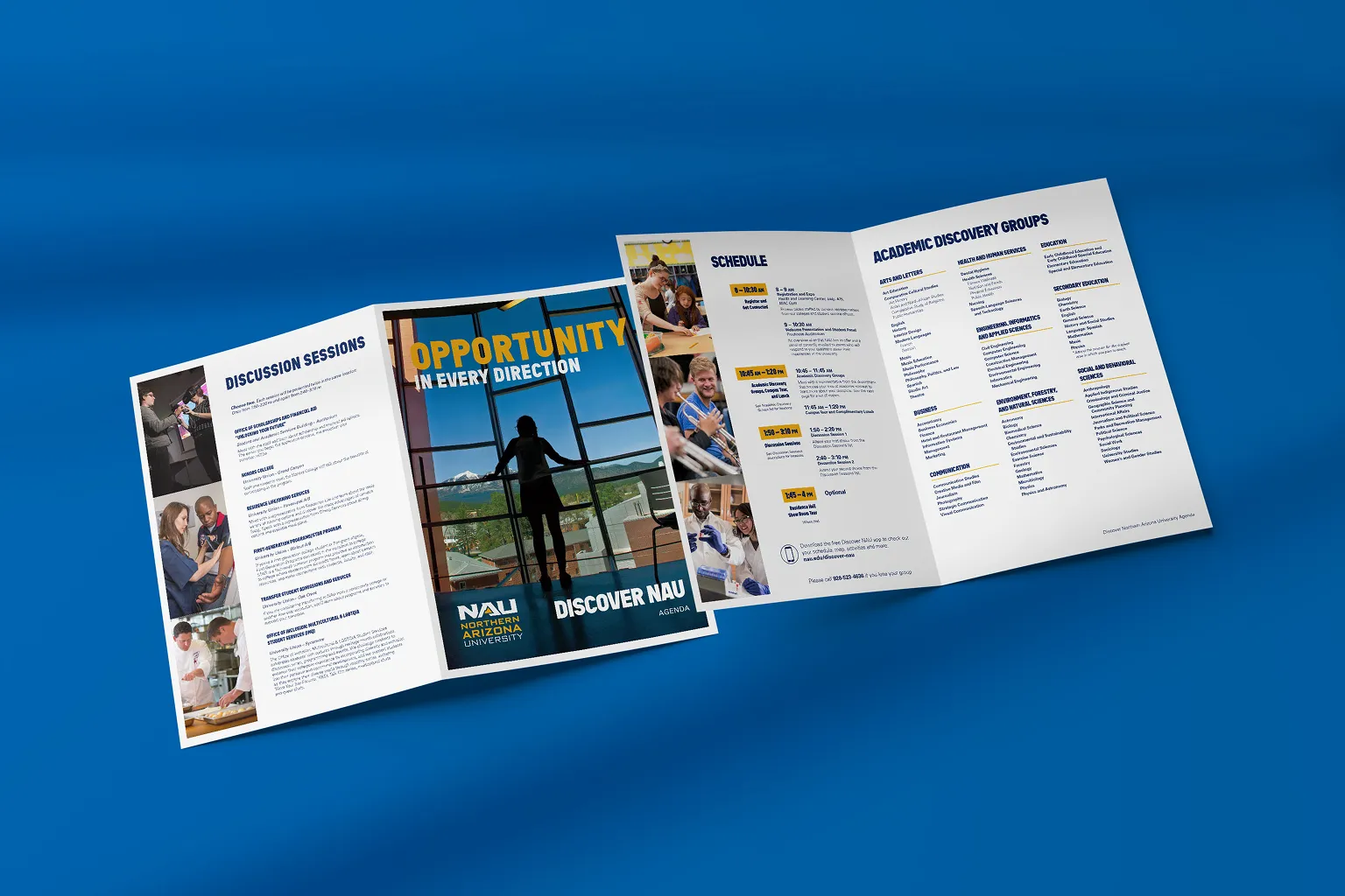 An open NAU Discover brochure showing discovery sessions and a schedule.