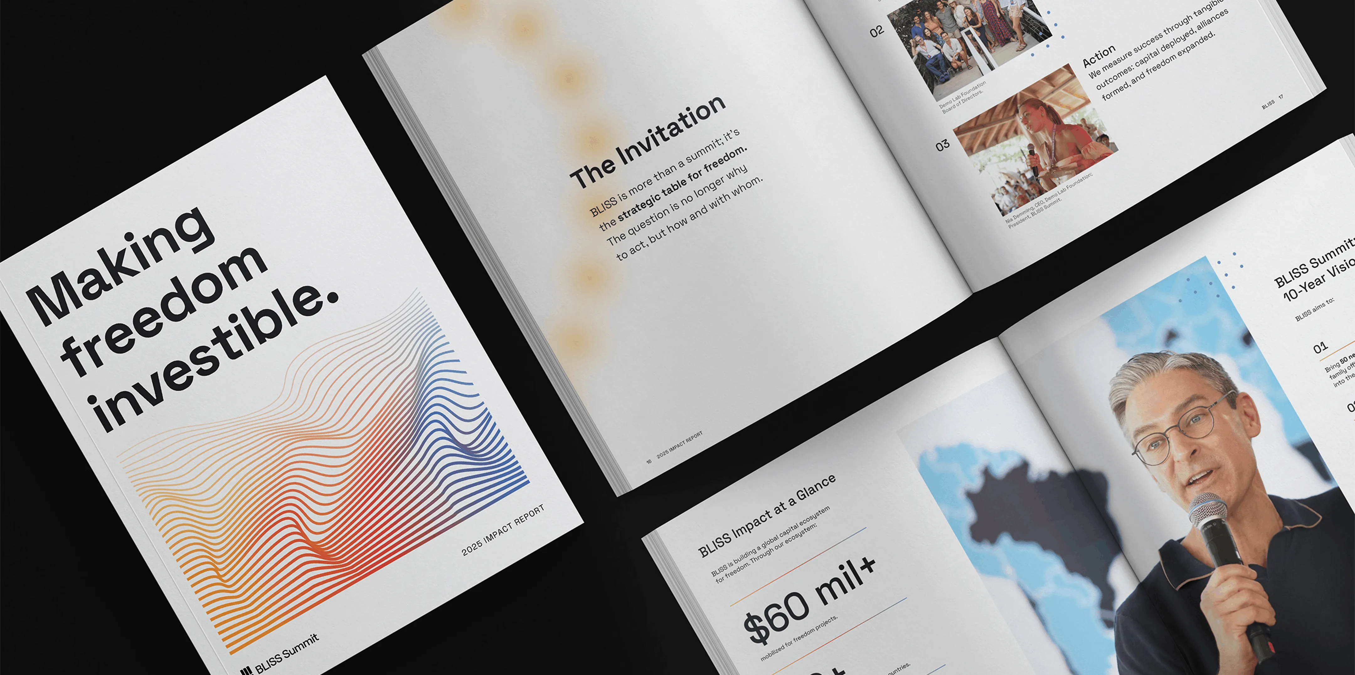 Impact report spreads on black, including the "Making freedom investible" cover and a world map page.