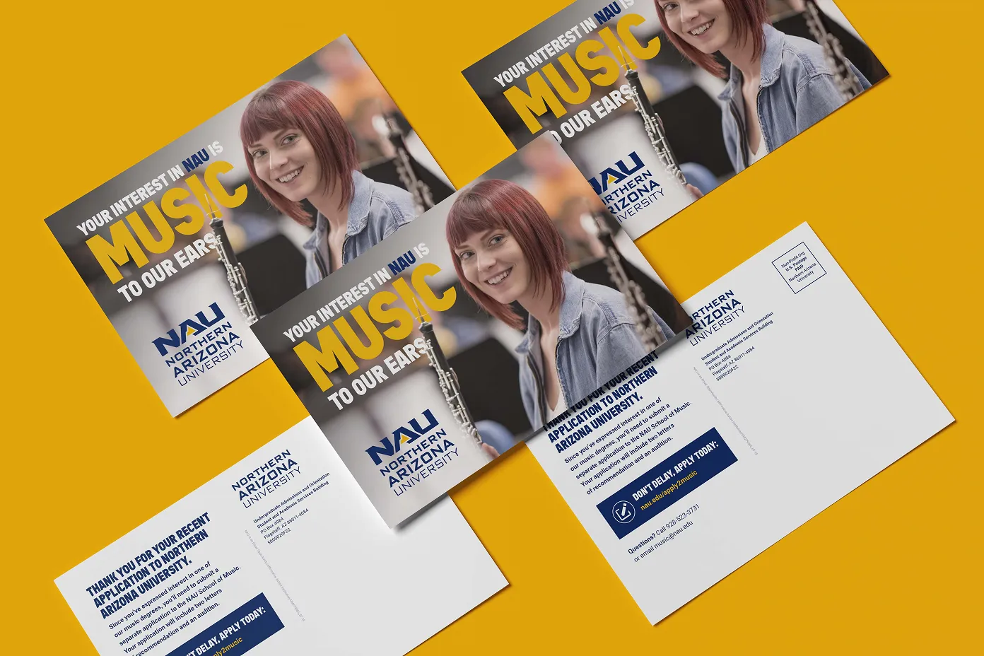 Flyers for Northern Arizona University music program featuring a smiling woman with a clarinet.