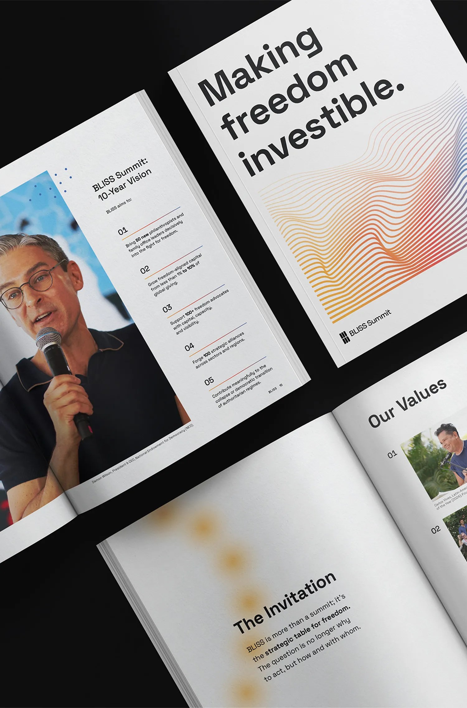 Impact report spreads showing the cover, The Invitation and Our Values pages.