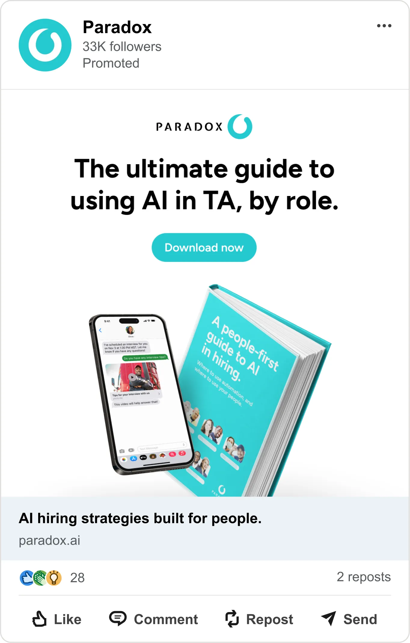 A promoted Paradox social post offering a guide to using AI in talent acquisition by role.