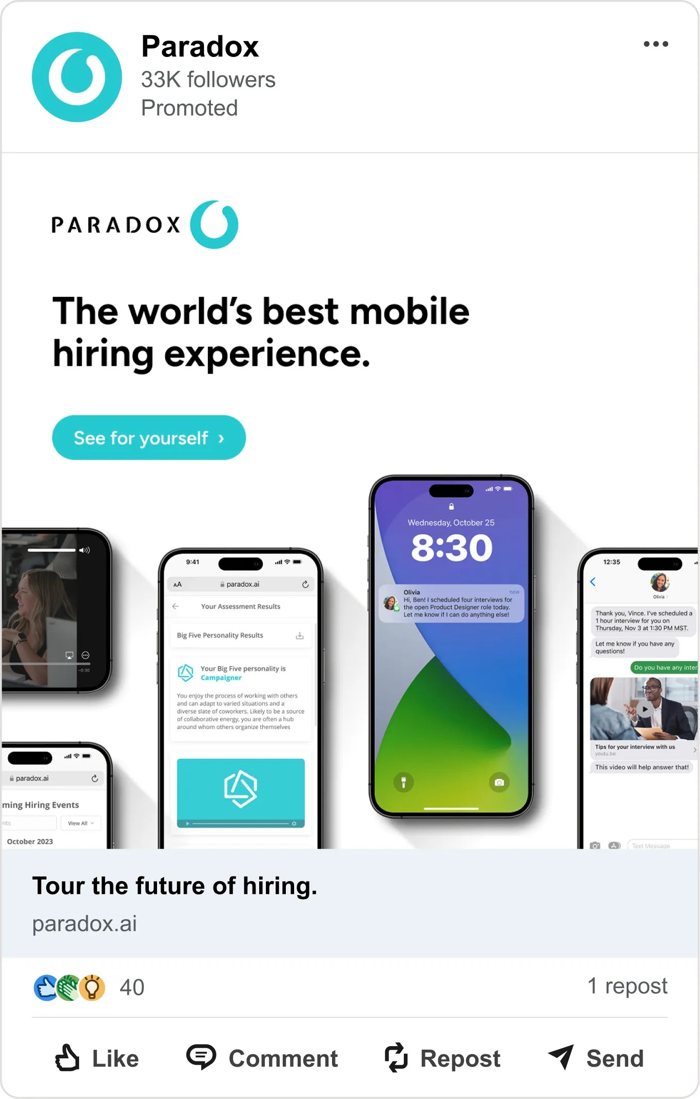 A promoted Paradox post reading "The world's best mobile hiring experience." with phone screenshots.