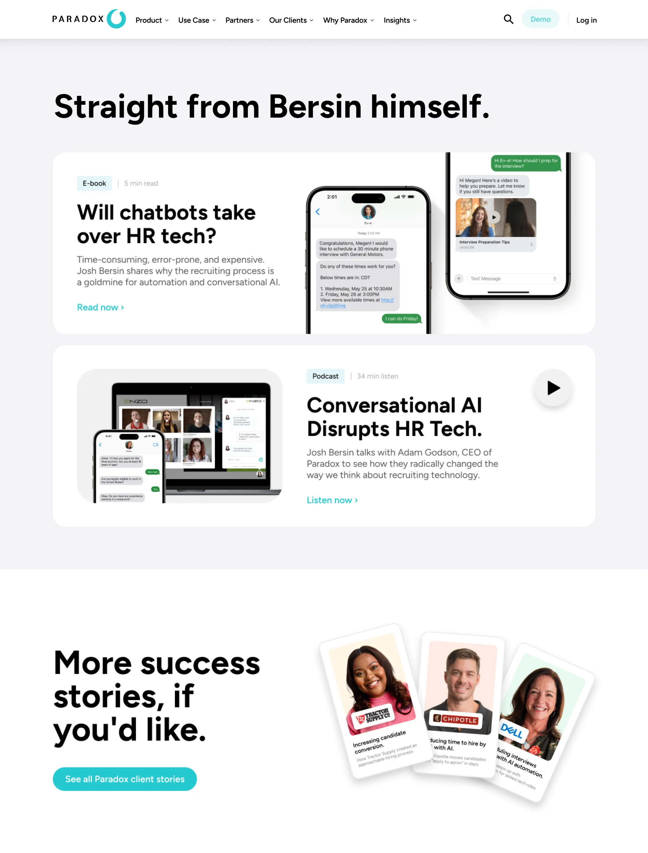 A Paradox content layout headed "Straight from Bersin himself." with articles on conversational AI.