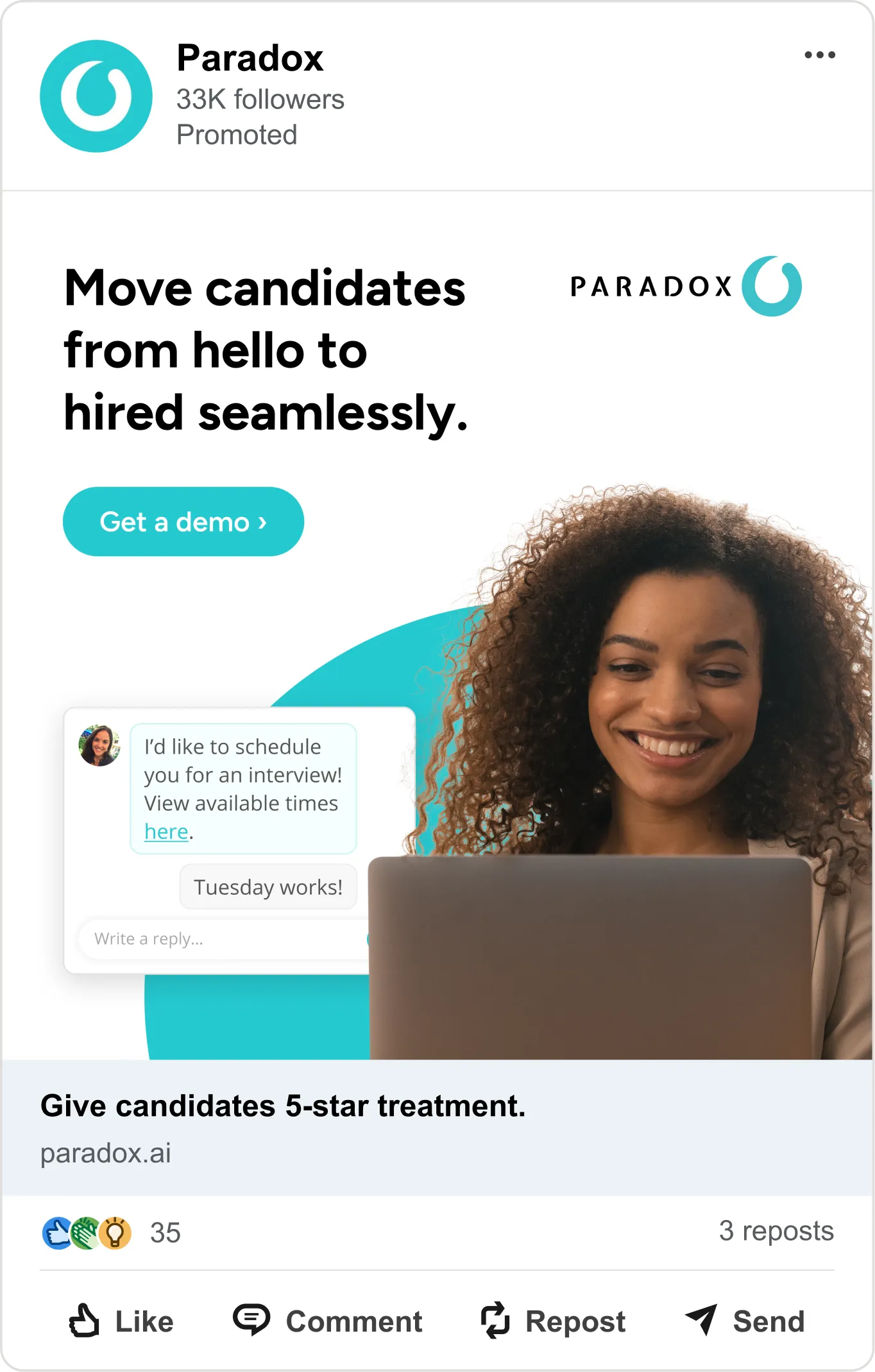 A promoted Paradox post reading "Move candidates from hello to hired seamlessly."