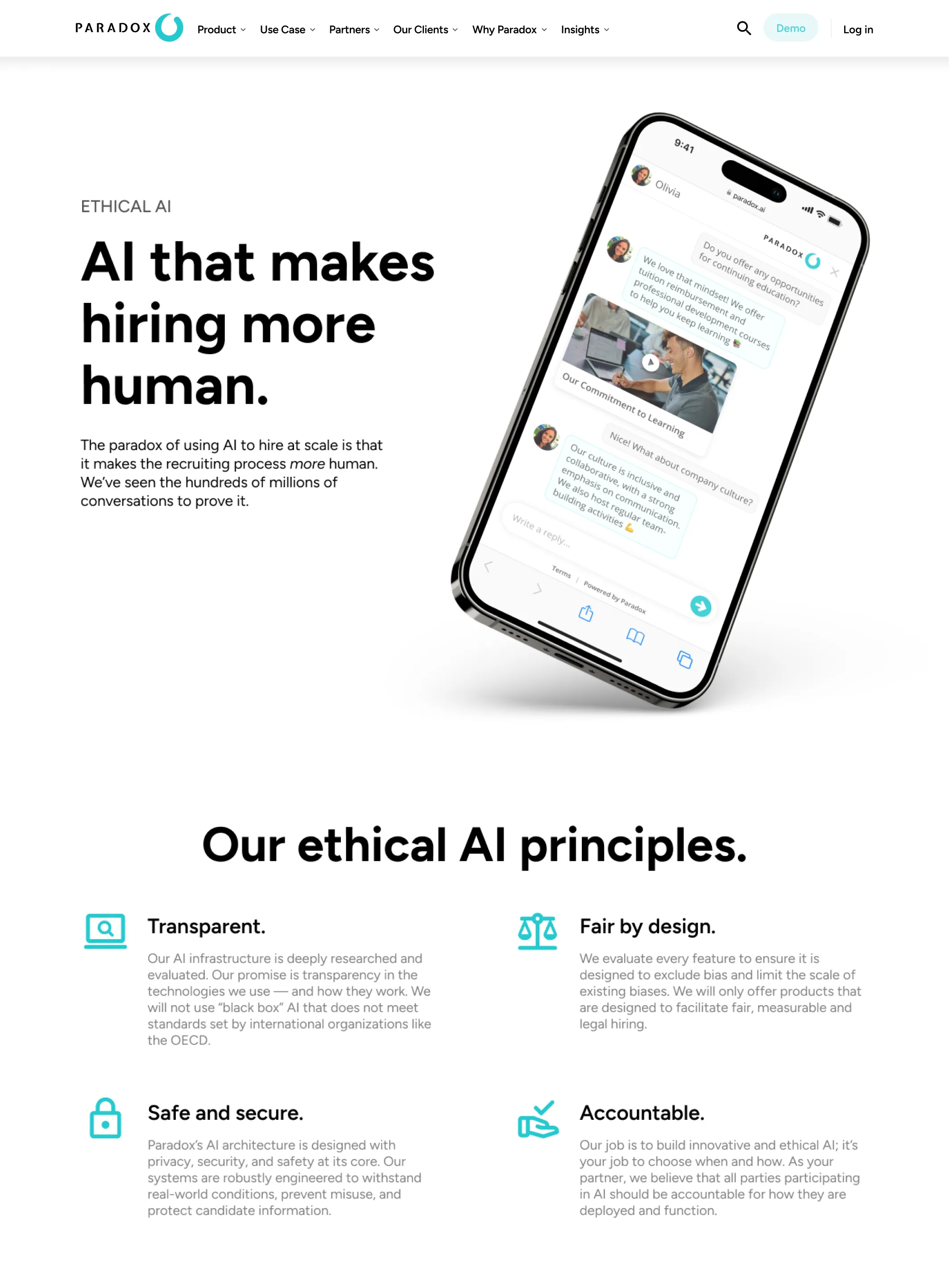 A Paradox page reading "AI that makes hiring more human." above a section on ethical AI principles.