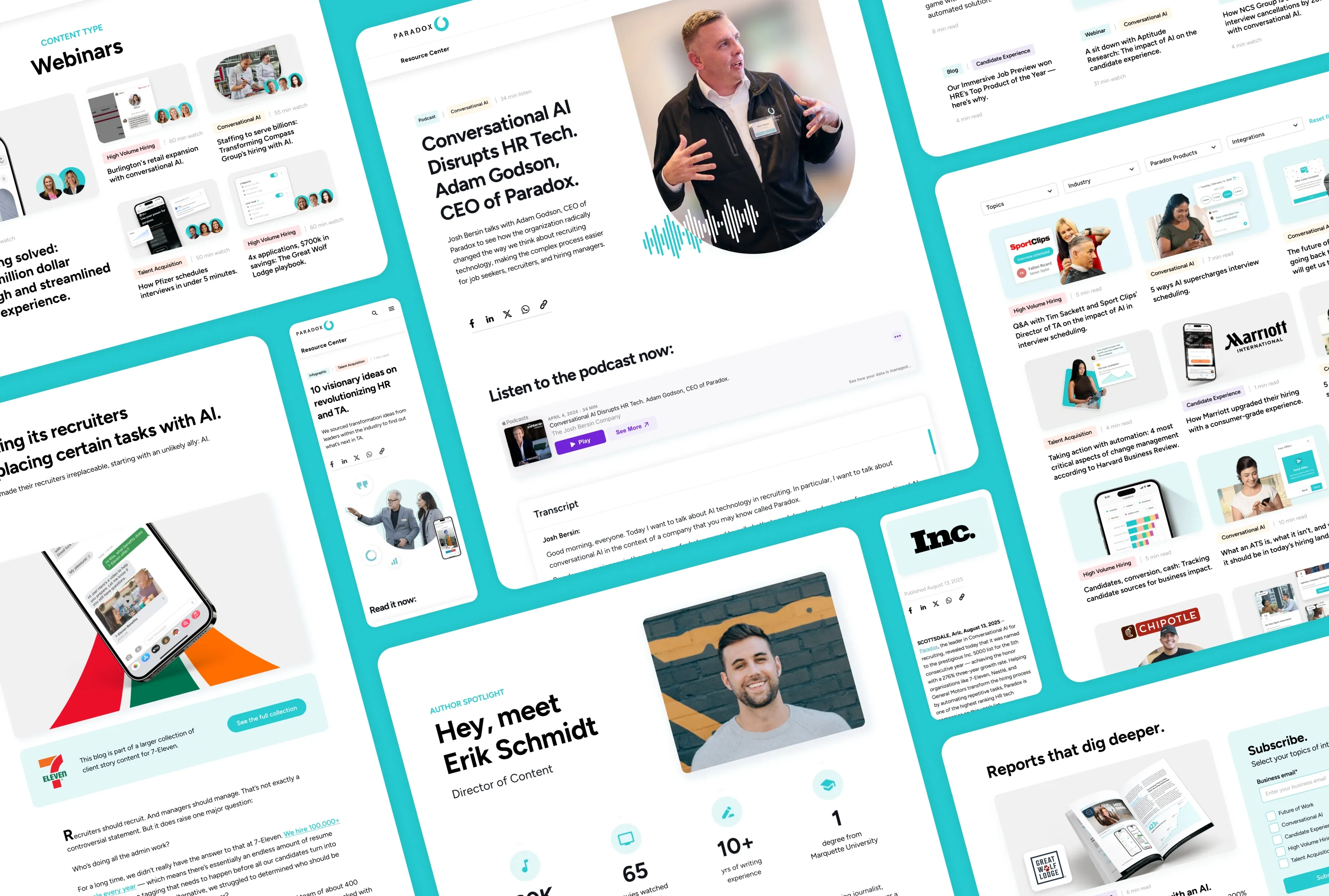 A collage of Paradox resource page layouts and article cards on a teal grid.