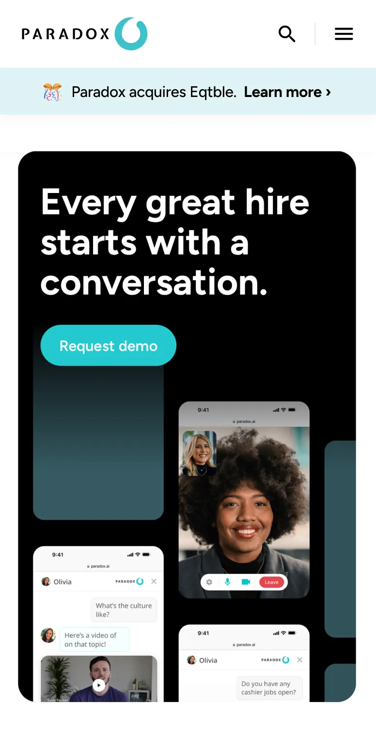 A mobile Paradox page reading "Every great hire starts with a conversation."