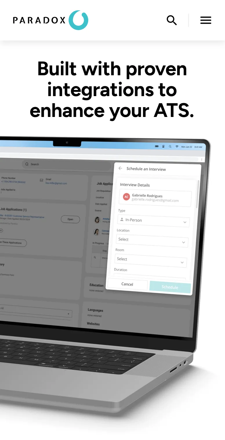 A mobile view of the Paradox site reading "Built with proven integrations to enhance your ATS."