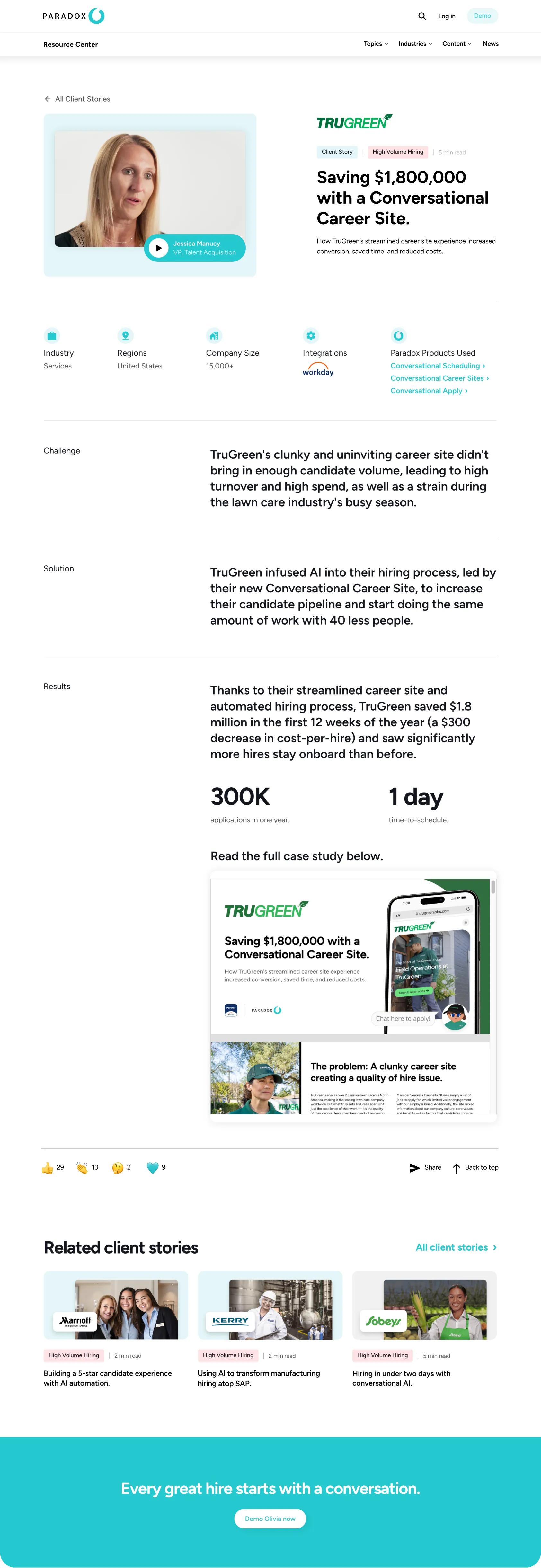 A full-length screenshot of the TruGreen client story page on the Paradox site.