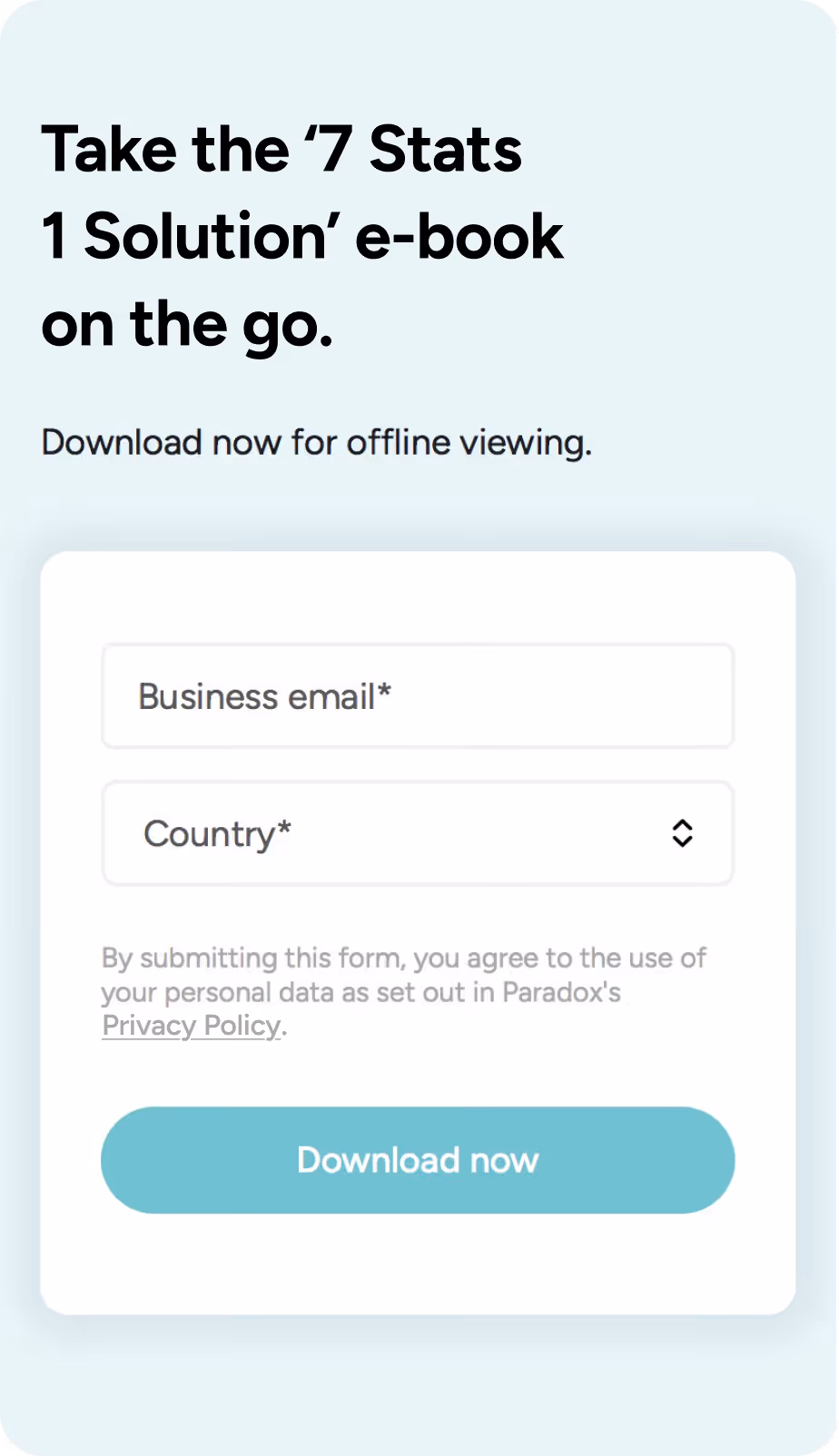 A Paradox e-book download form headed "Take the 7 Stats 1 Solution e-book on the go."