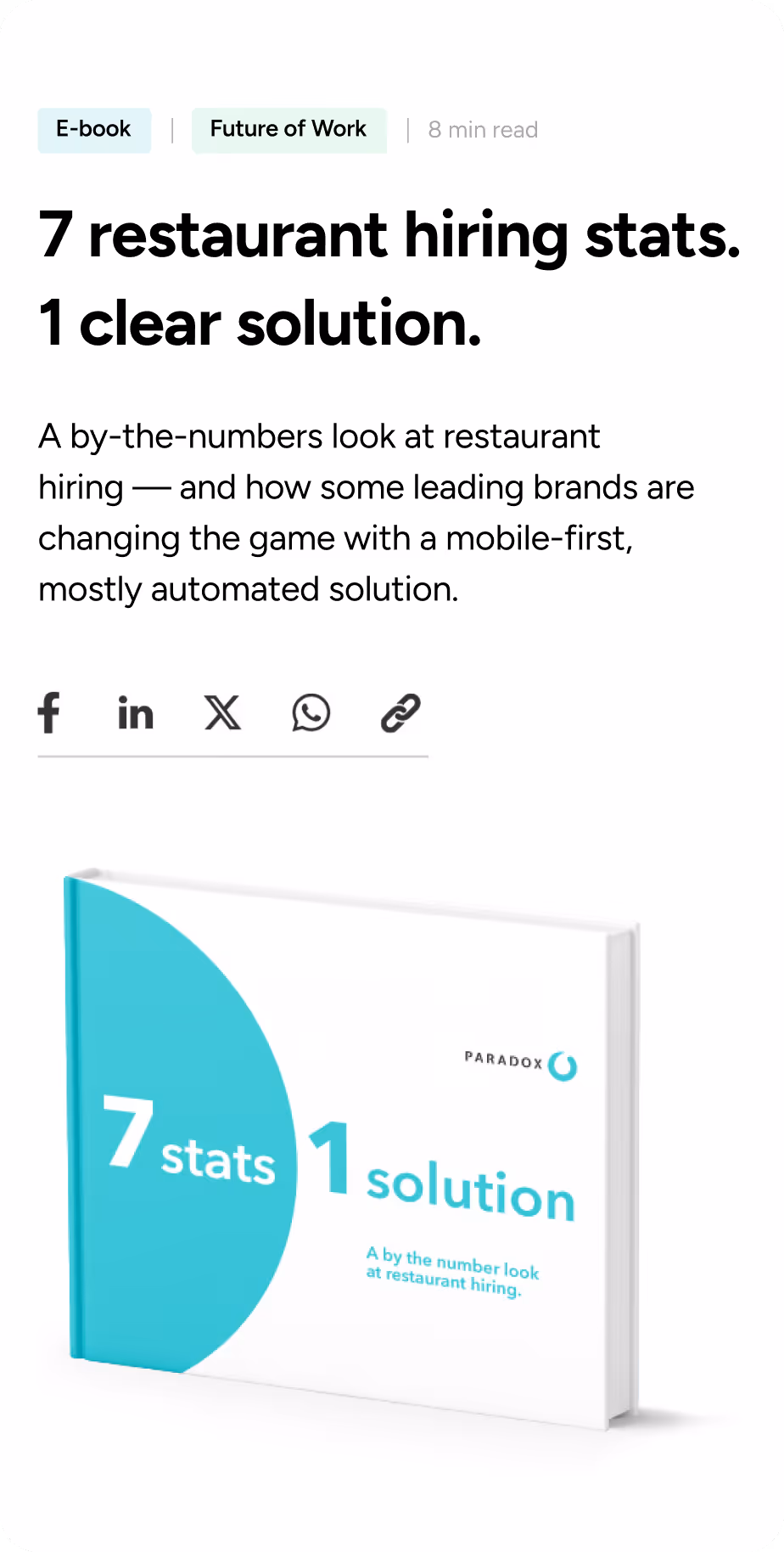 A Paradox article preview headed "7 restaurant hiring stats. 1 clear solution." with an e-book cover.